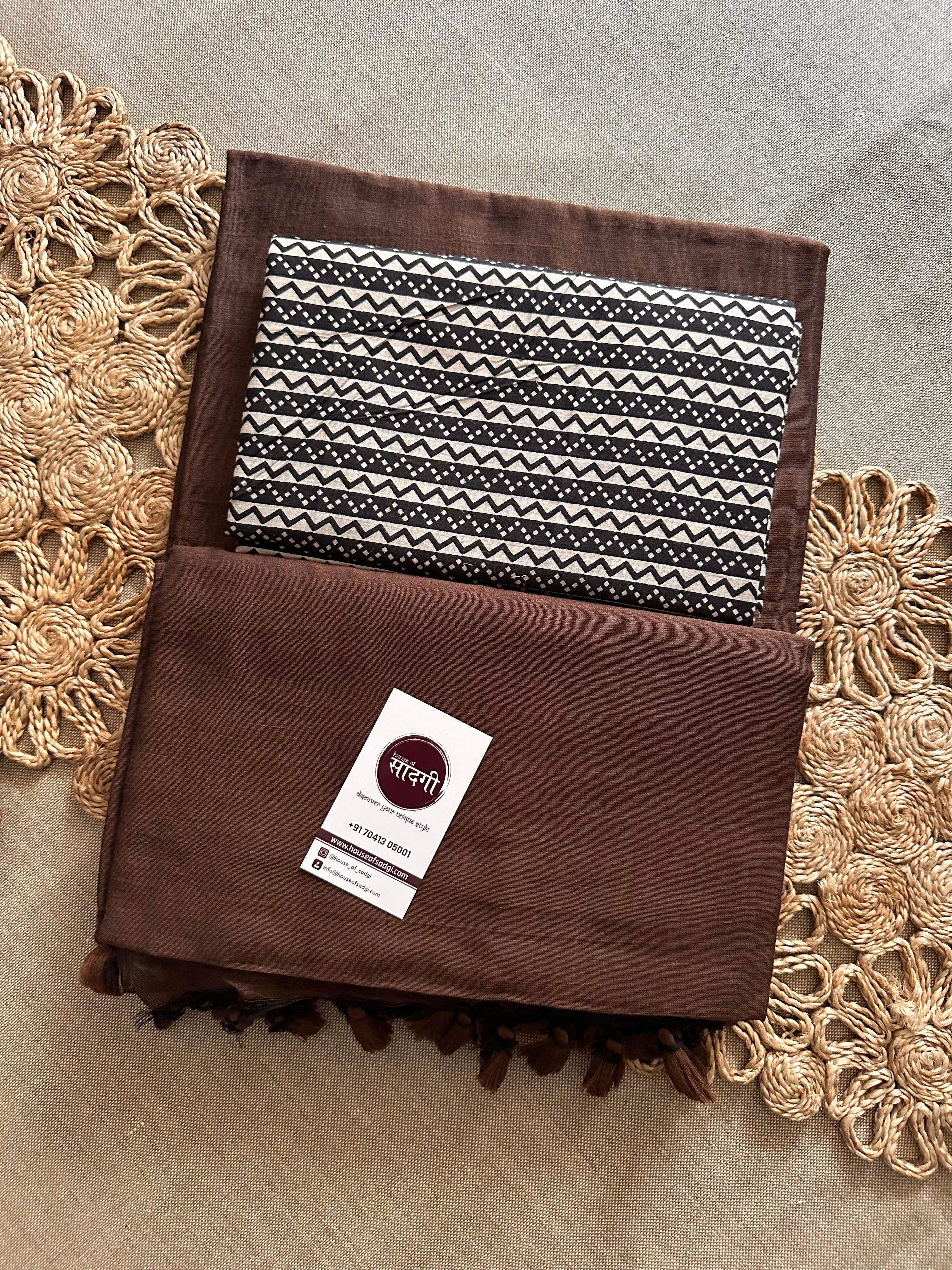 Brown Handloom Khadi Cotton Saree With Lining Printed Blouse - House Of Sadgi