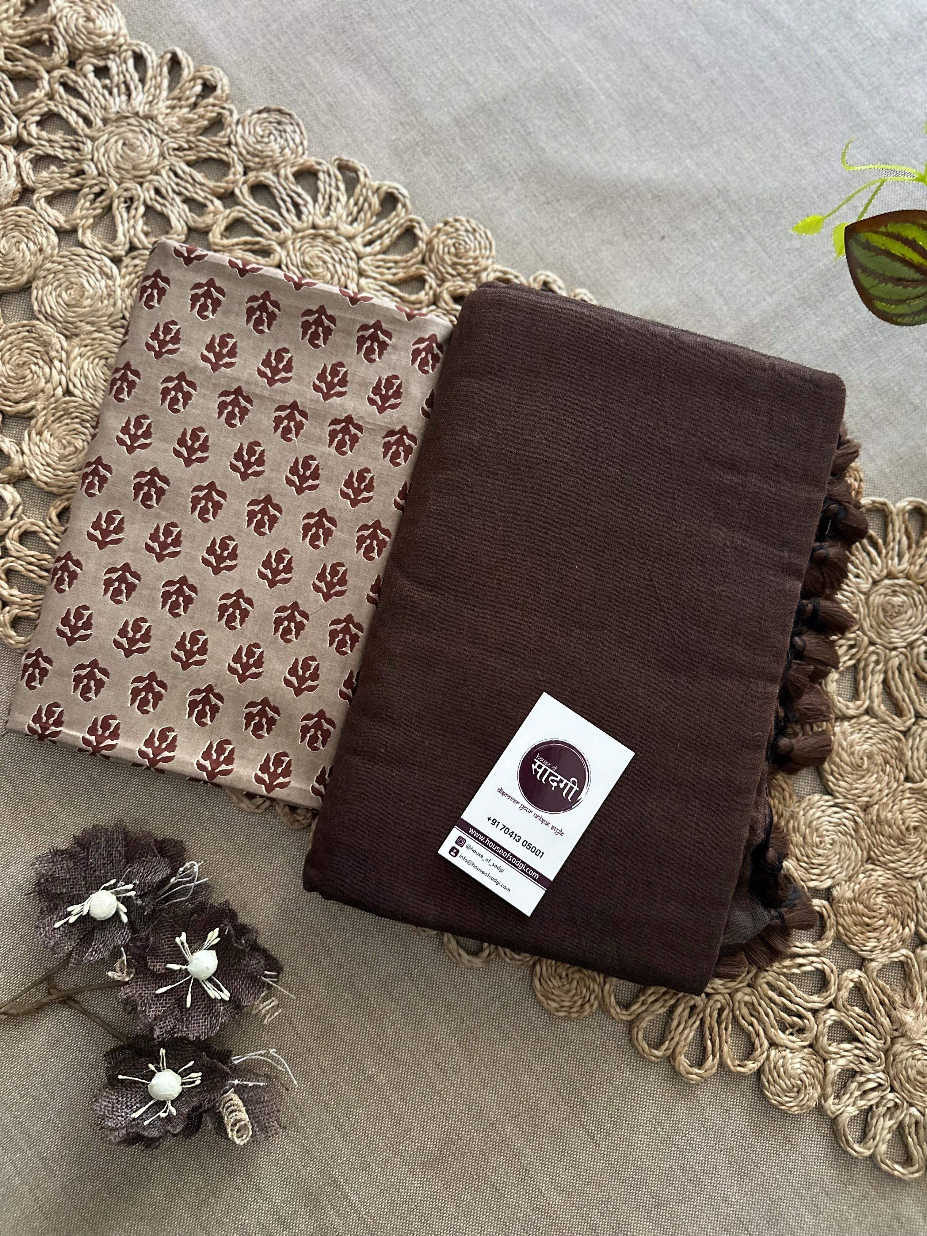 Brown Handloom Khadi Cotton Saree With Monochromatic Blouse - House Of Sadgi