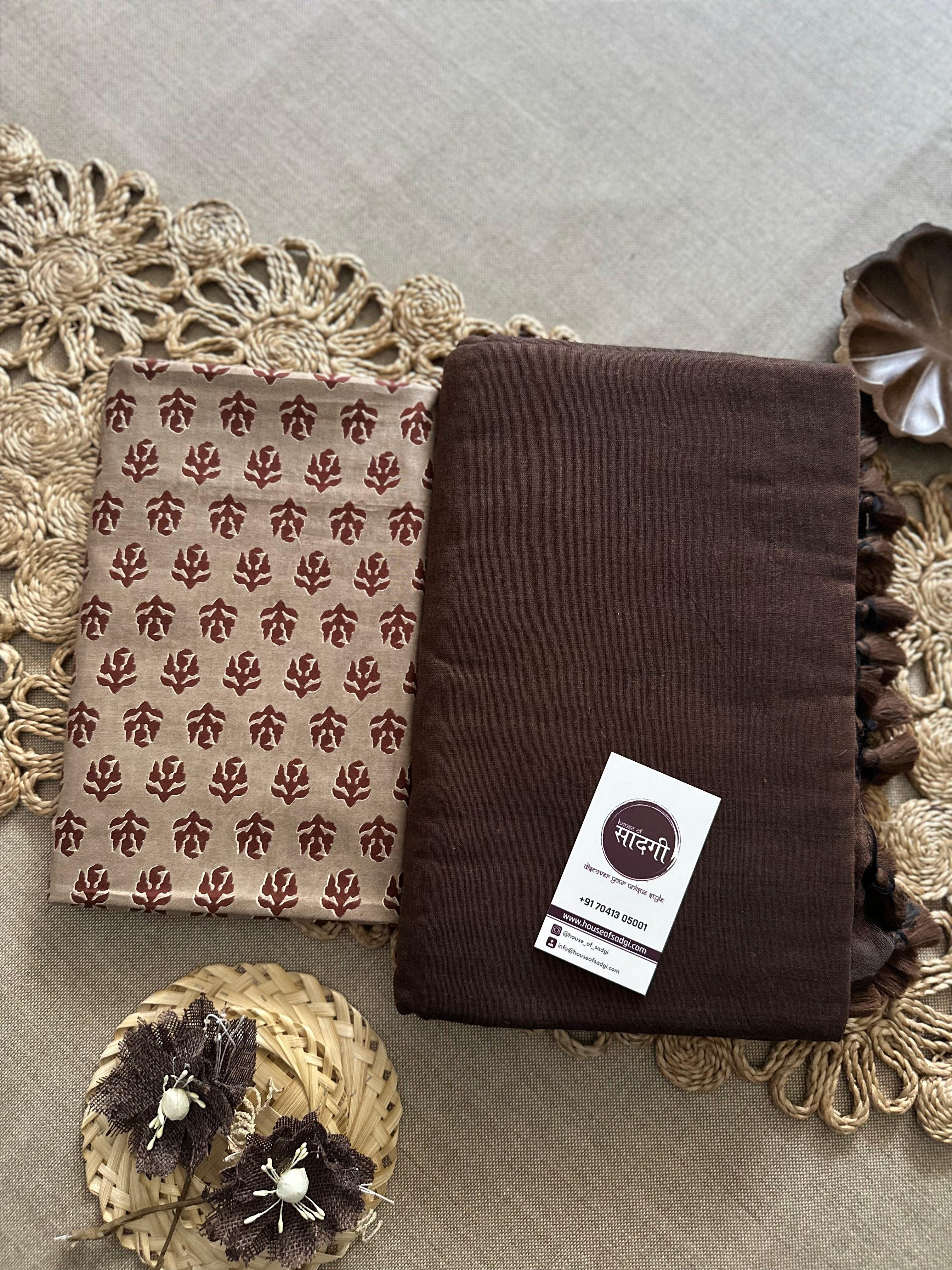 Brown Handloom Khadi Cotton Saree With Monochromatic Blouse - House Of Sadgi