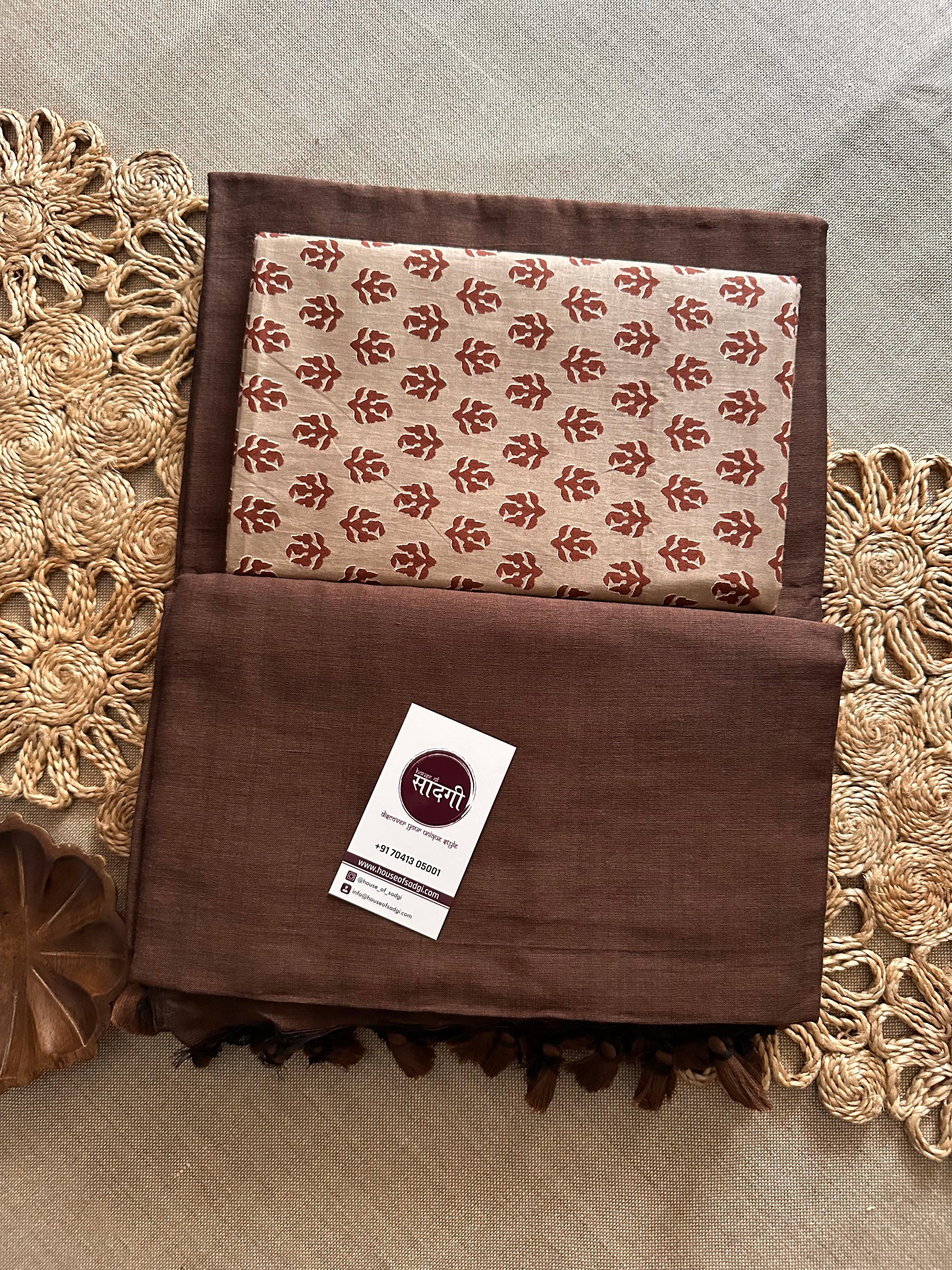 Brown Handloom Khadi Cotton Saree With Monochromatic Blouse - House Of Sadgi