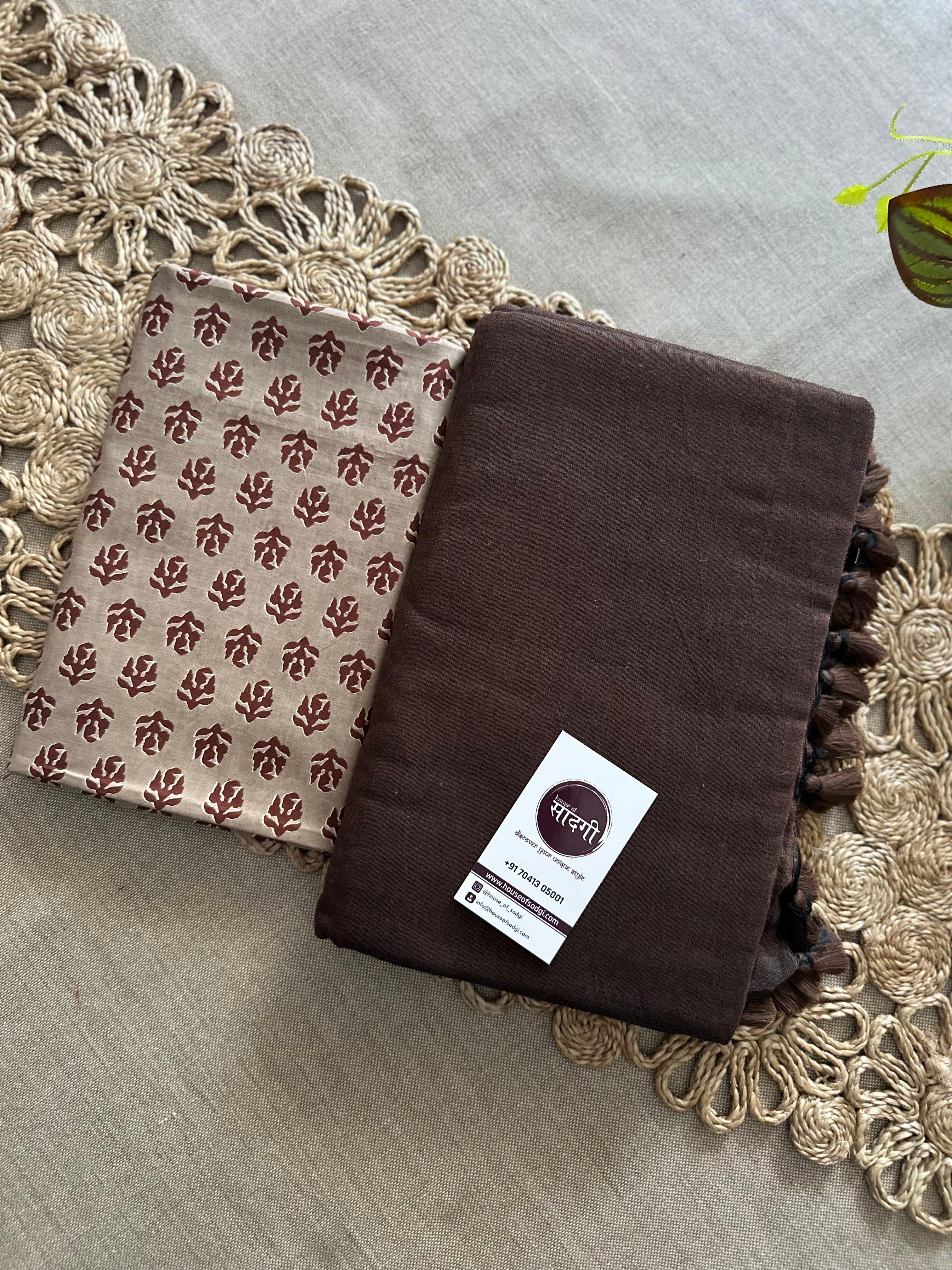 Brown Handloom Khadi Cotton Saree With Monochromatic Blouse - House Of Sadgi