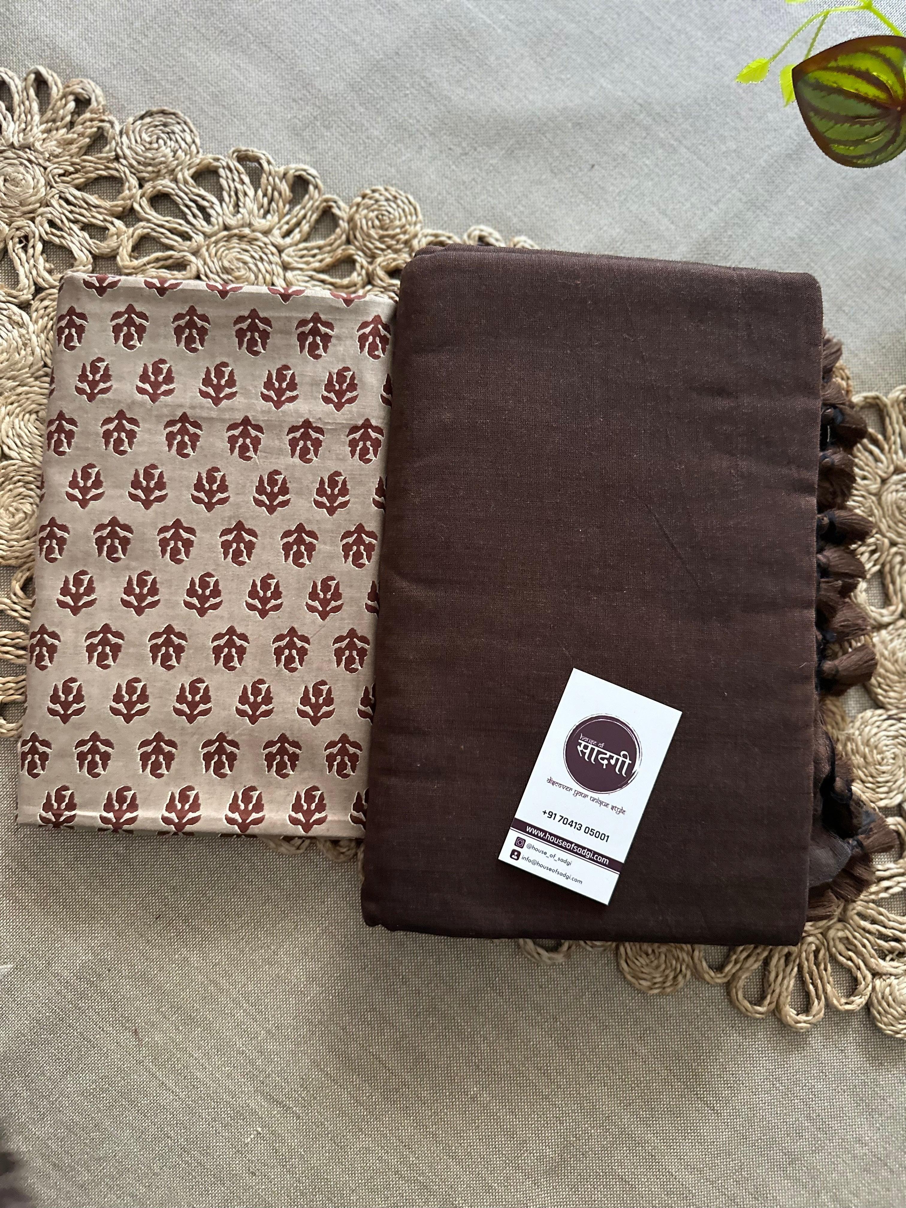 Brown Handloom Khadi Cotton Saree With Monochromatic Blouse - House Of Sadgi