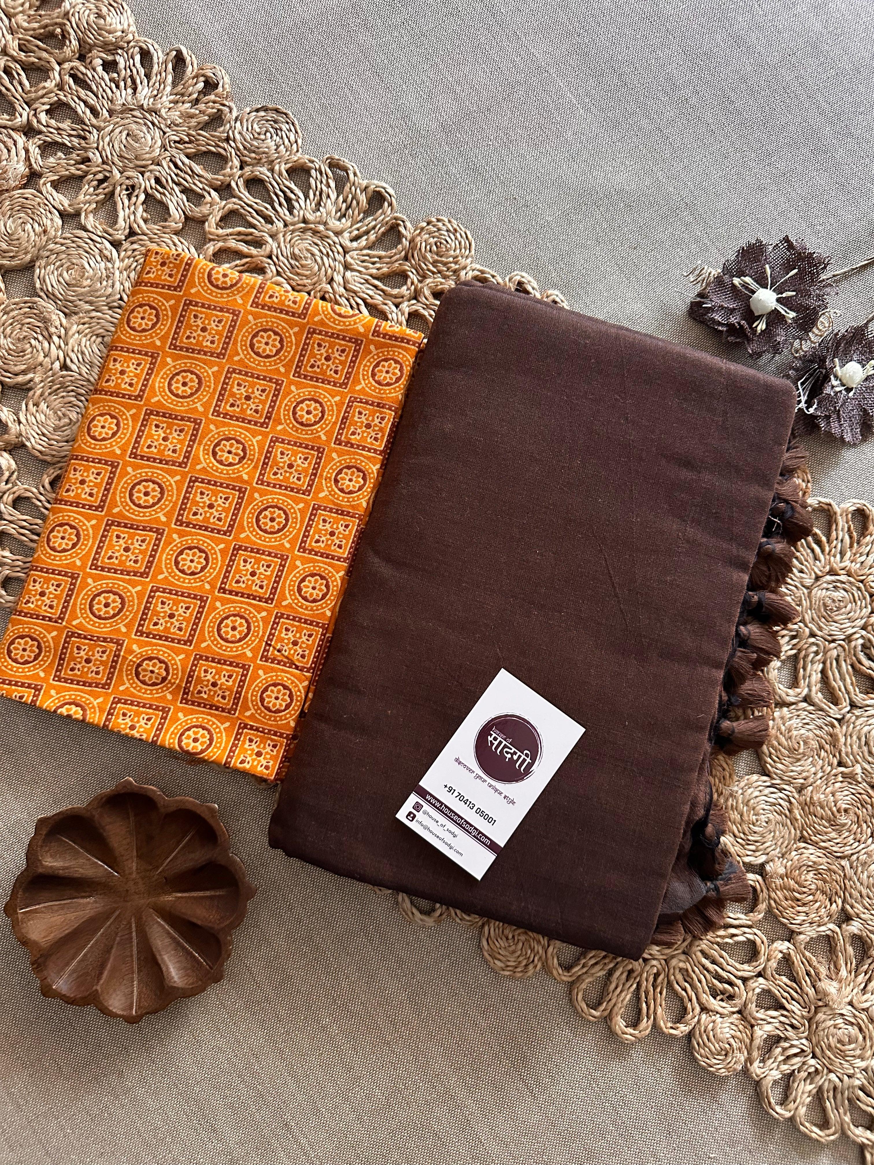 Brown Handloom Khadi Cotton Saree With Yellow Geometric Print Blouse - House Of Sadgi