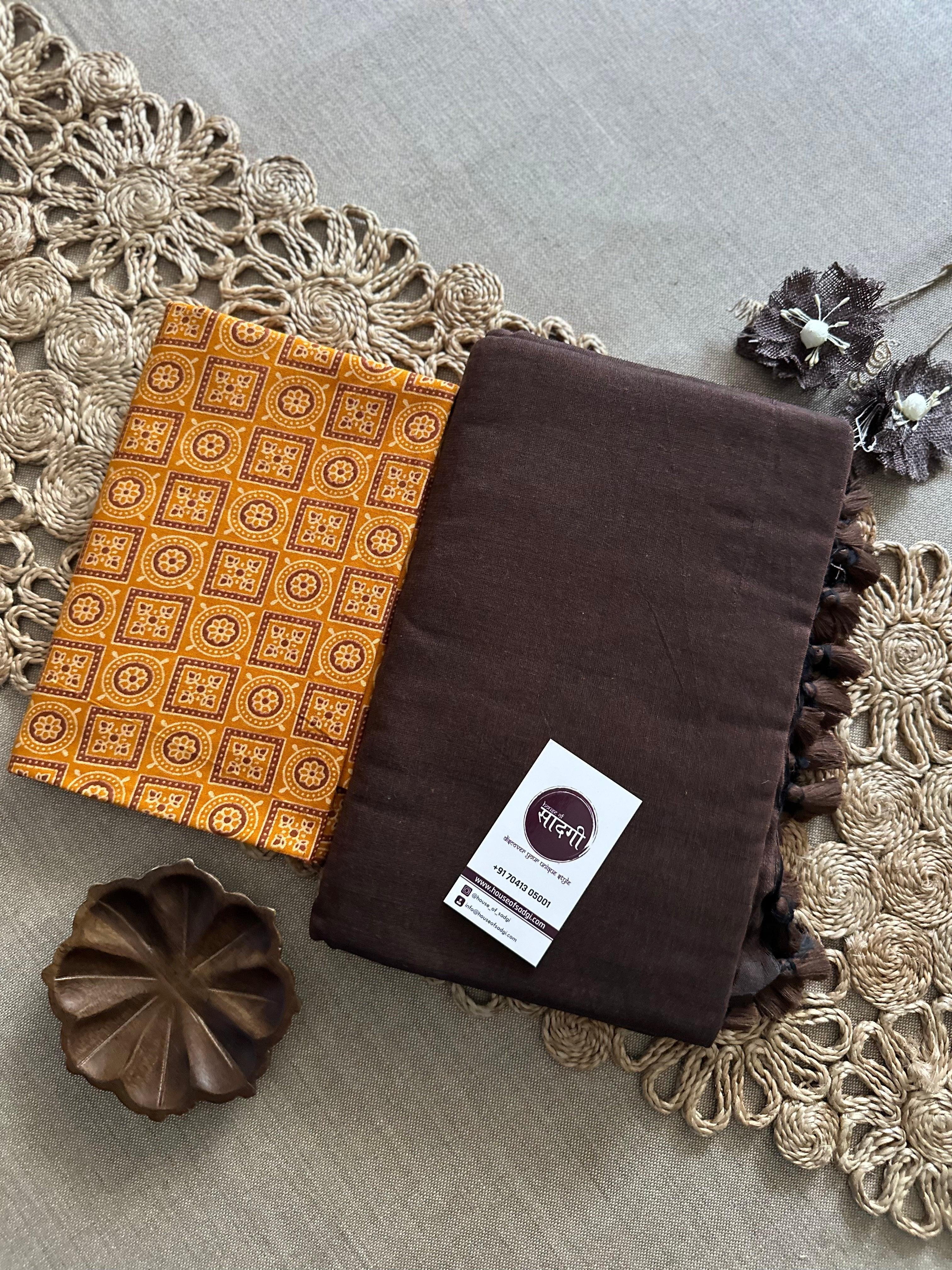 Brown Handloom Khadi Cotton Saree With Yellow Geometric Print Blouse - House Of Sadgi