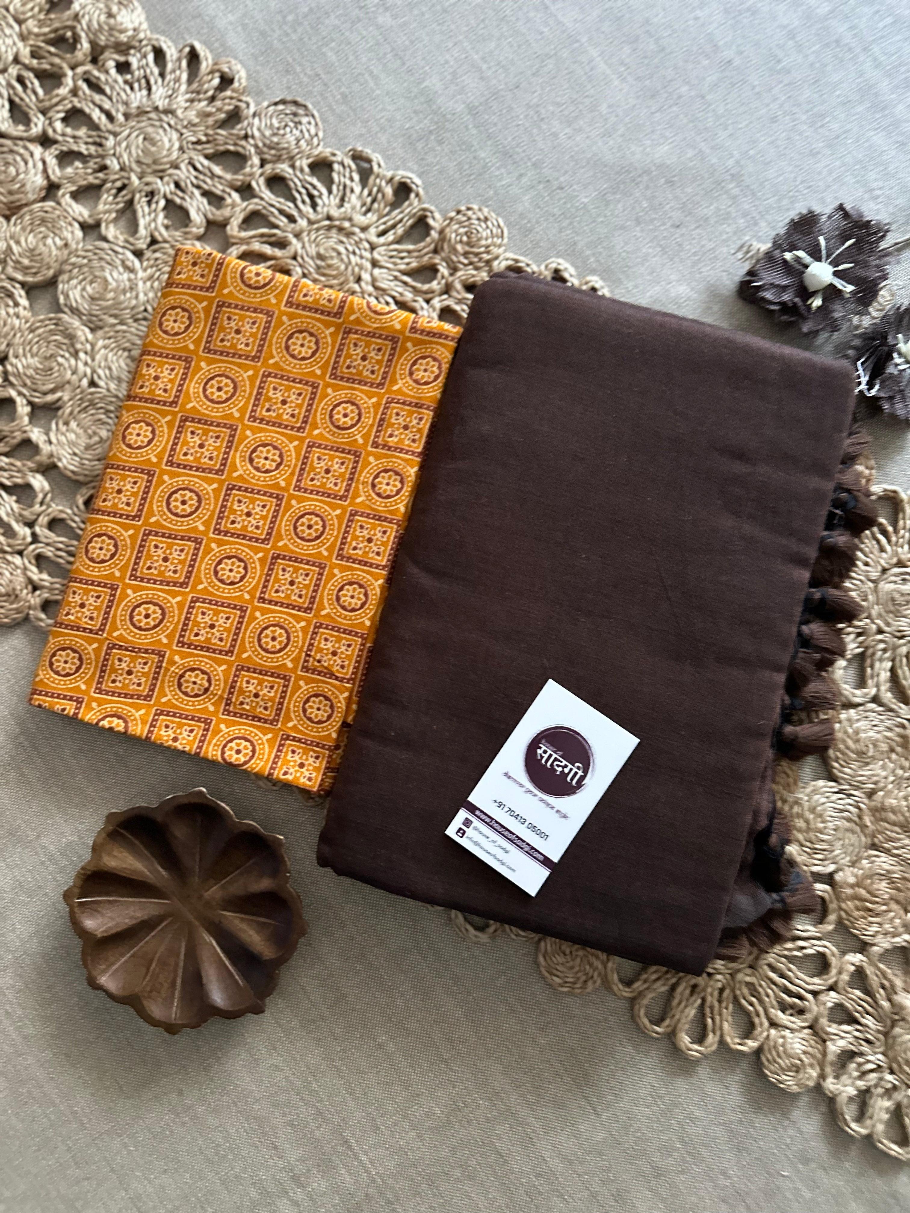 Brown Handloom Khadi Cotton Saree With Yellow Geometric Print Blouse - House Of Sadgi