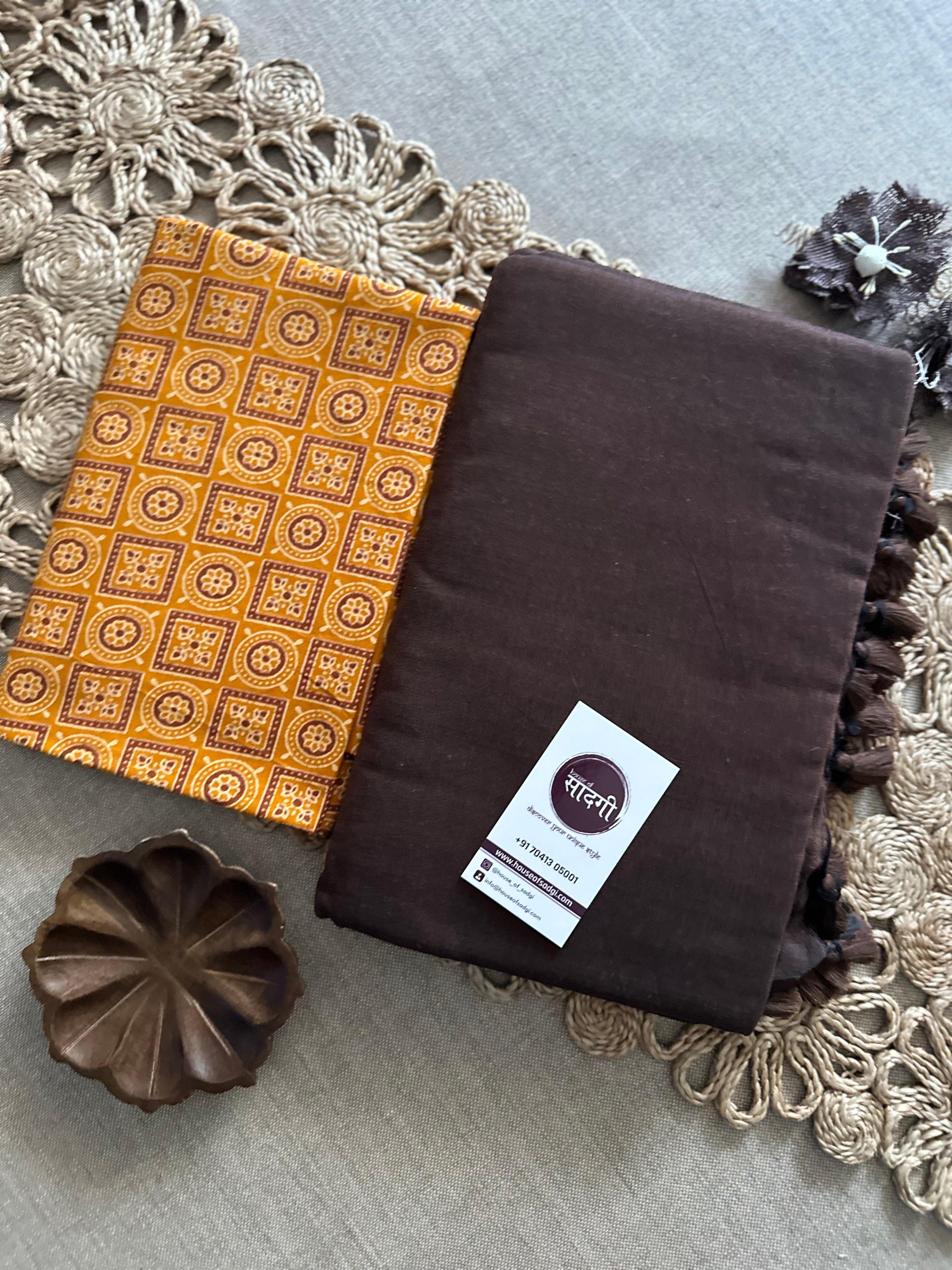 Brown Handloom Khadi Cotton Saree With Yellow Geometric Print Blouse - House Of Sadgi