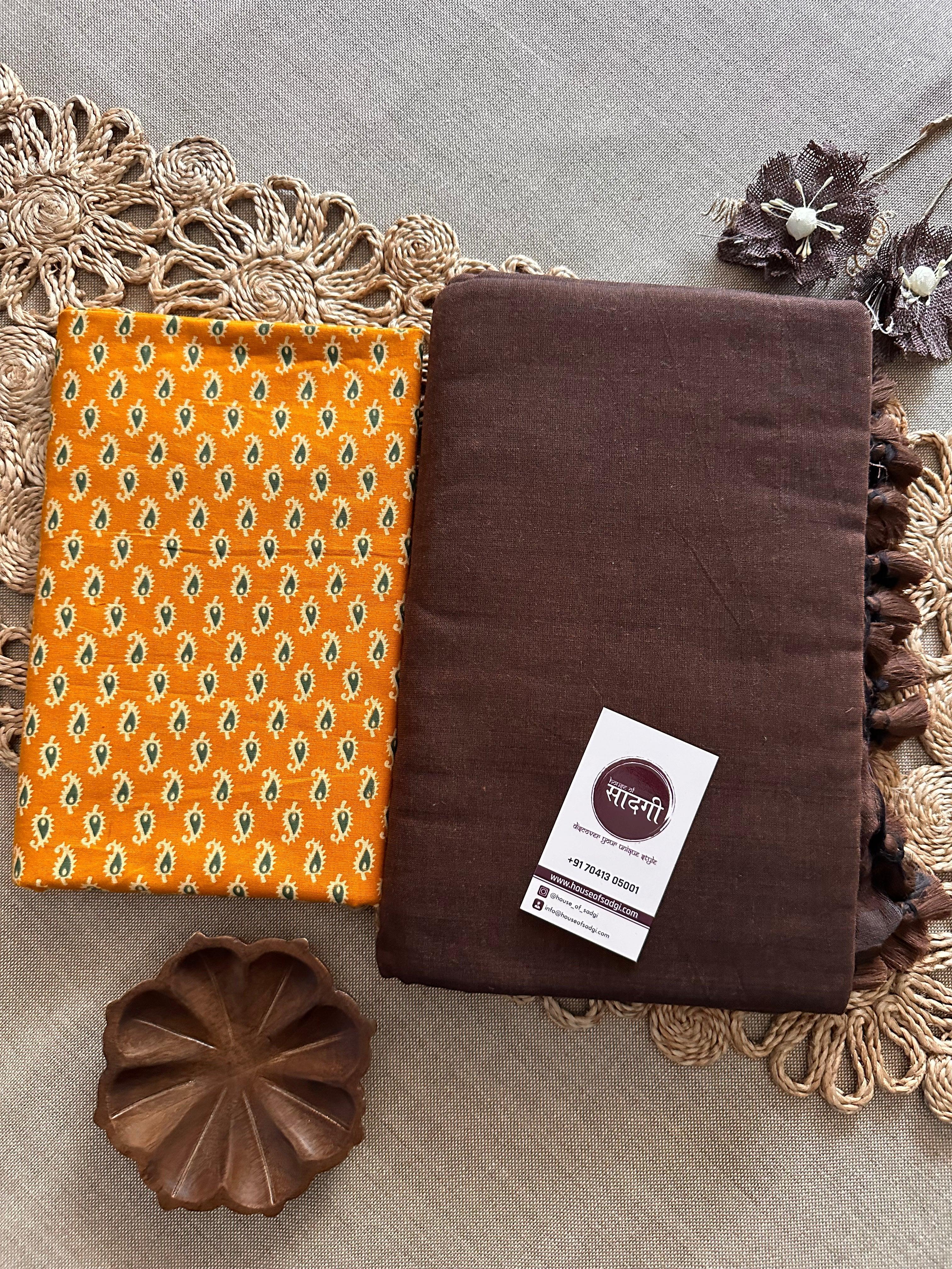 Brown Handloom Khadi Cotton Saree With Yellow Printed Blouse - House Of Sadgi