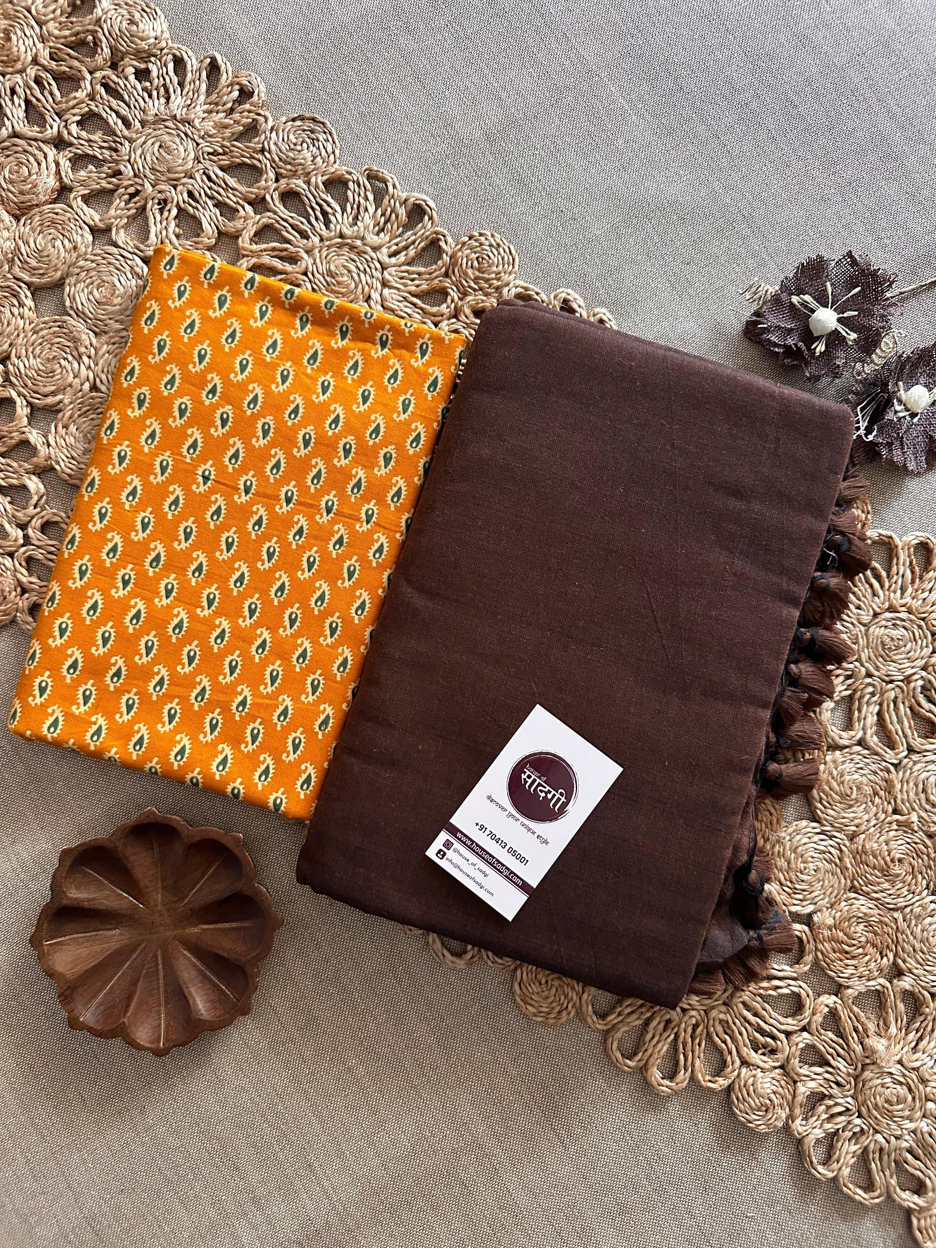 Brown Handloom Khadi Cotton Saree With Yellow Printed Blouse - House Of Sadgi