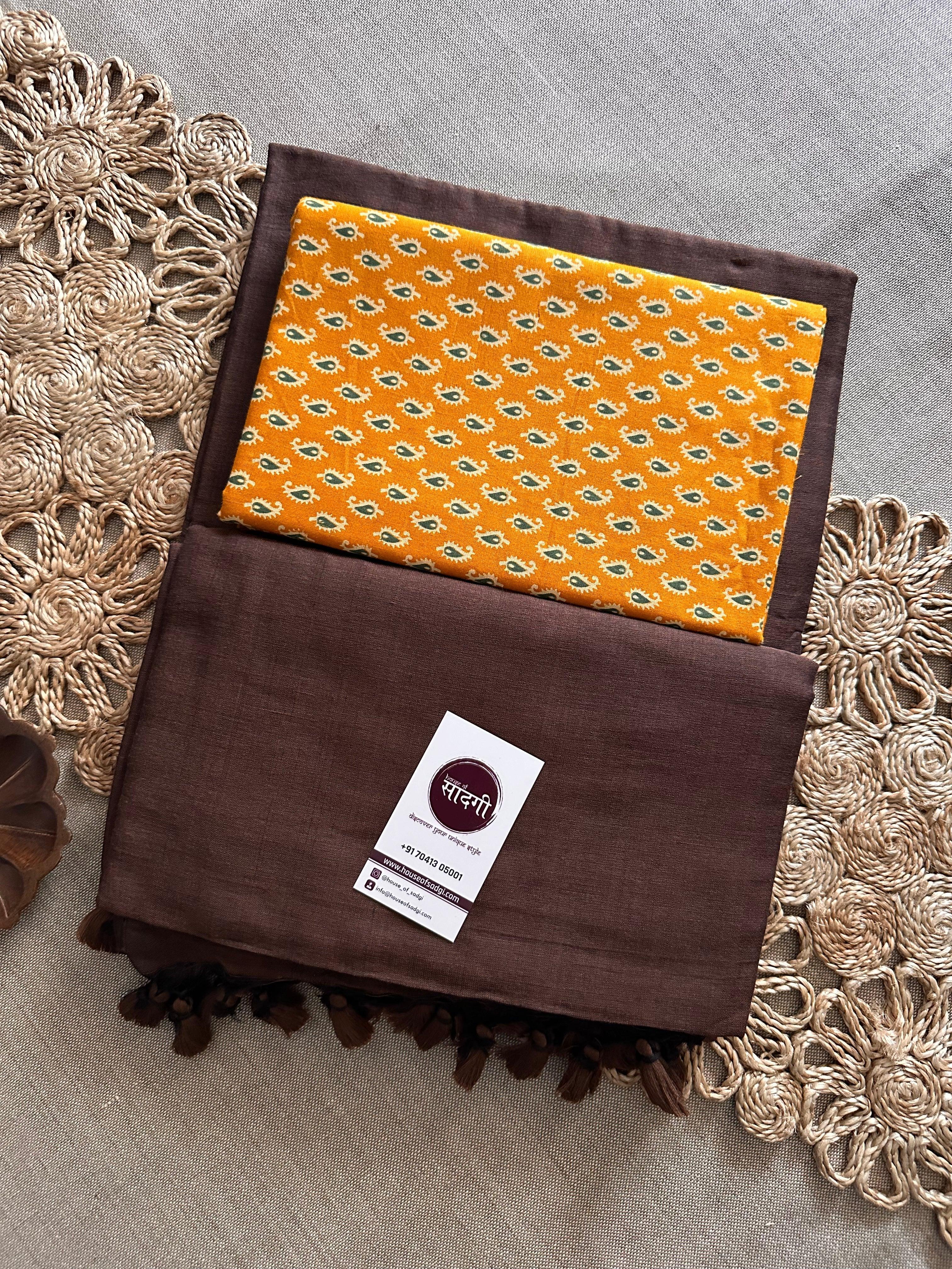 Brown Handloom Khadi Cotton Saree With Yellow Printed Blouse - House Of Sadgi