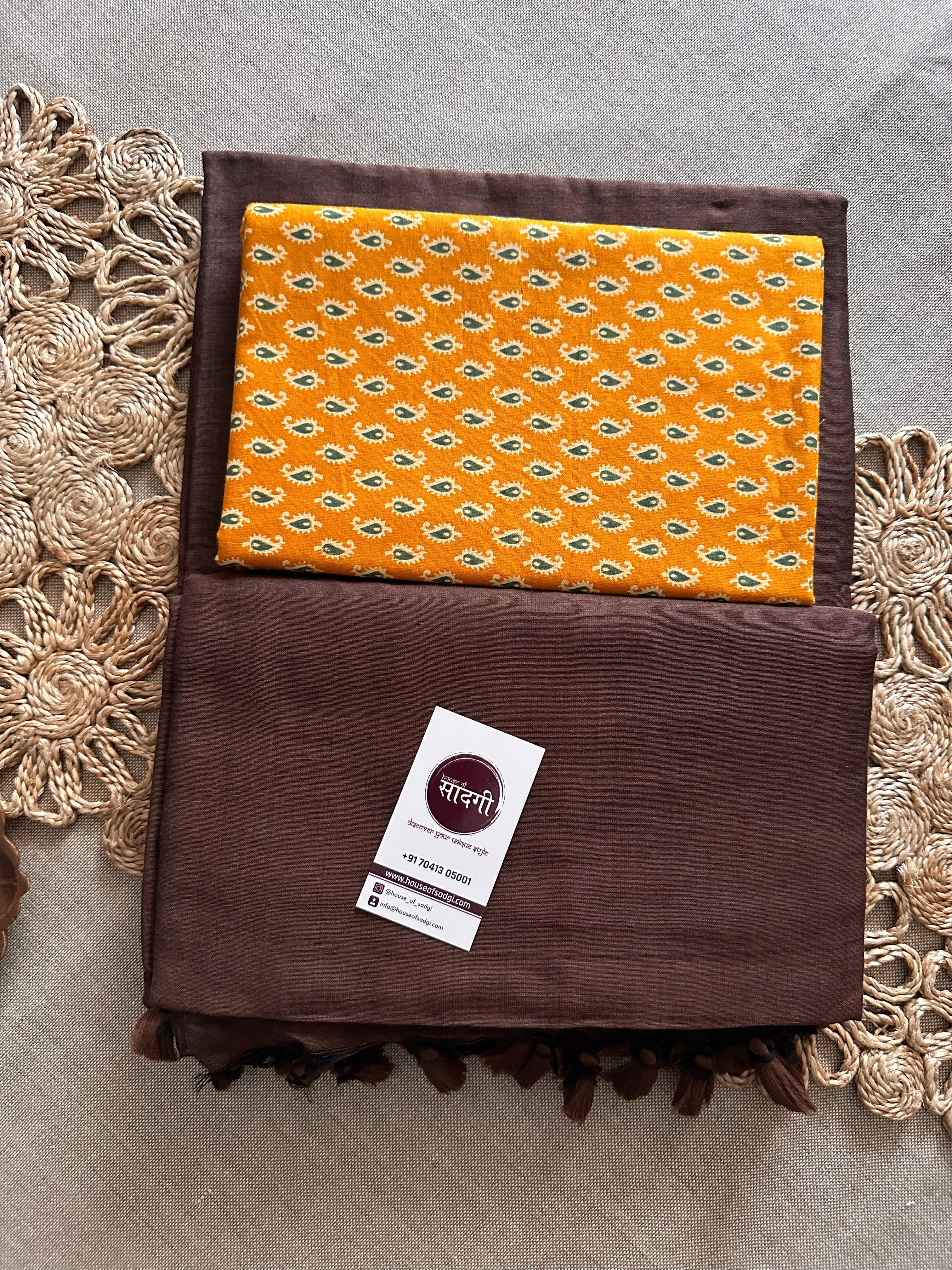 Brown Handloom Khadi Cotton Saree With Yellow Printed Blouse - House Of Sadgi