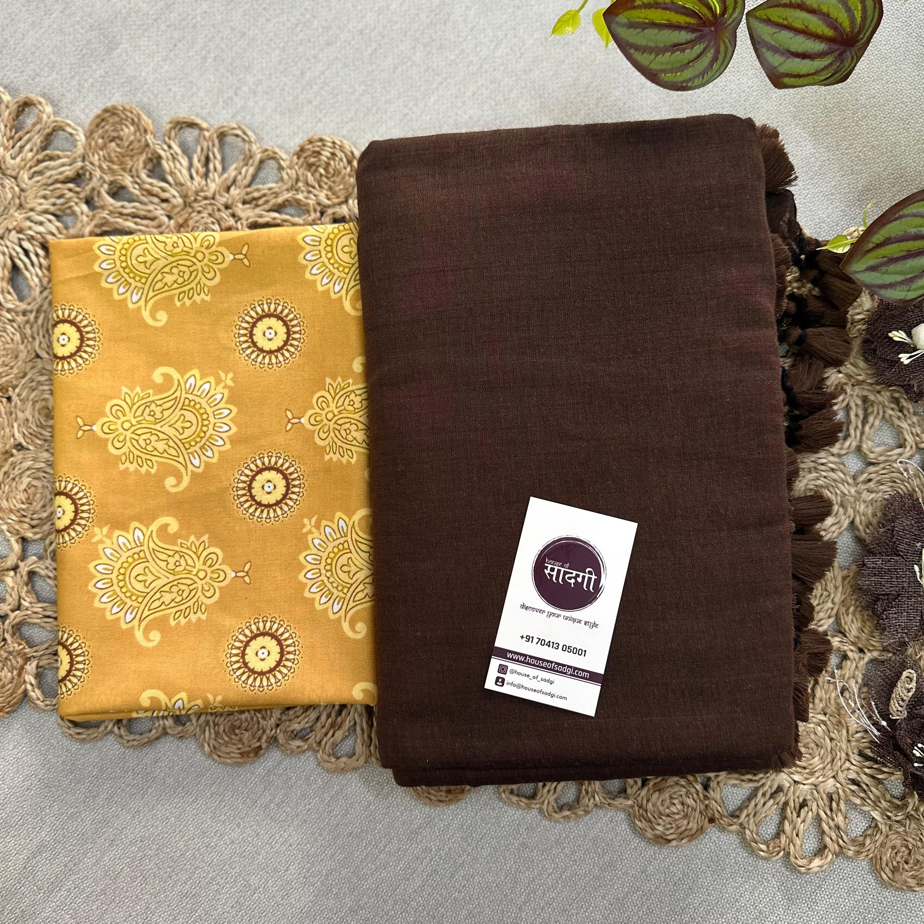 Brown Handloom Khadi Cotton Saree With Yellow Printed Blouse - House Of Sadgi