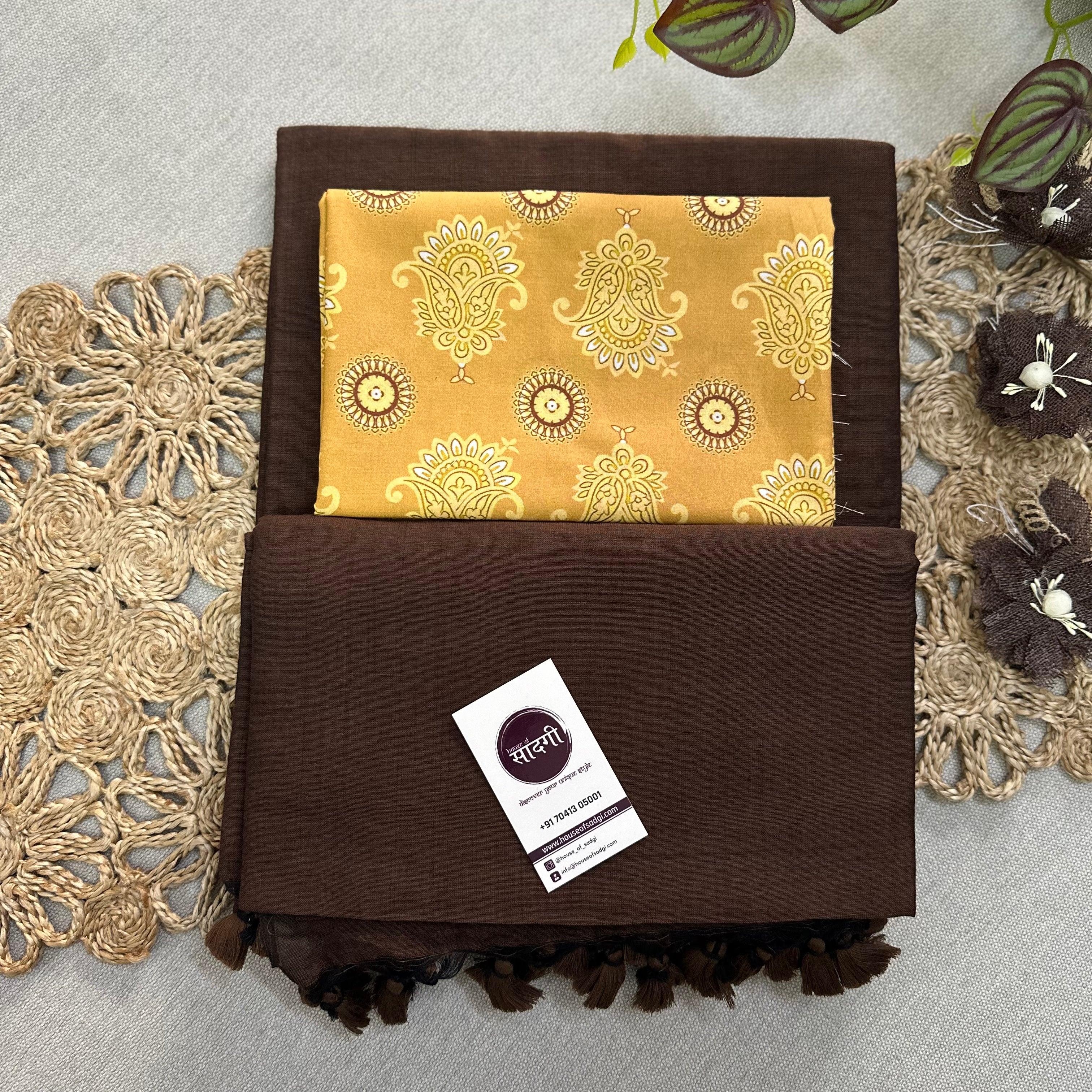 Brown Handloom Khadi Cotton Saree With Yellow Printed Blouse - House Of Sadgi