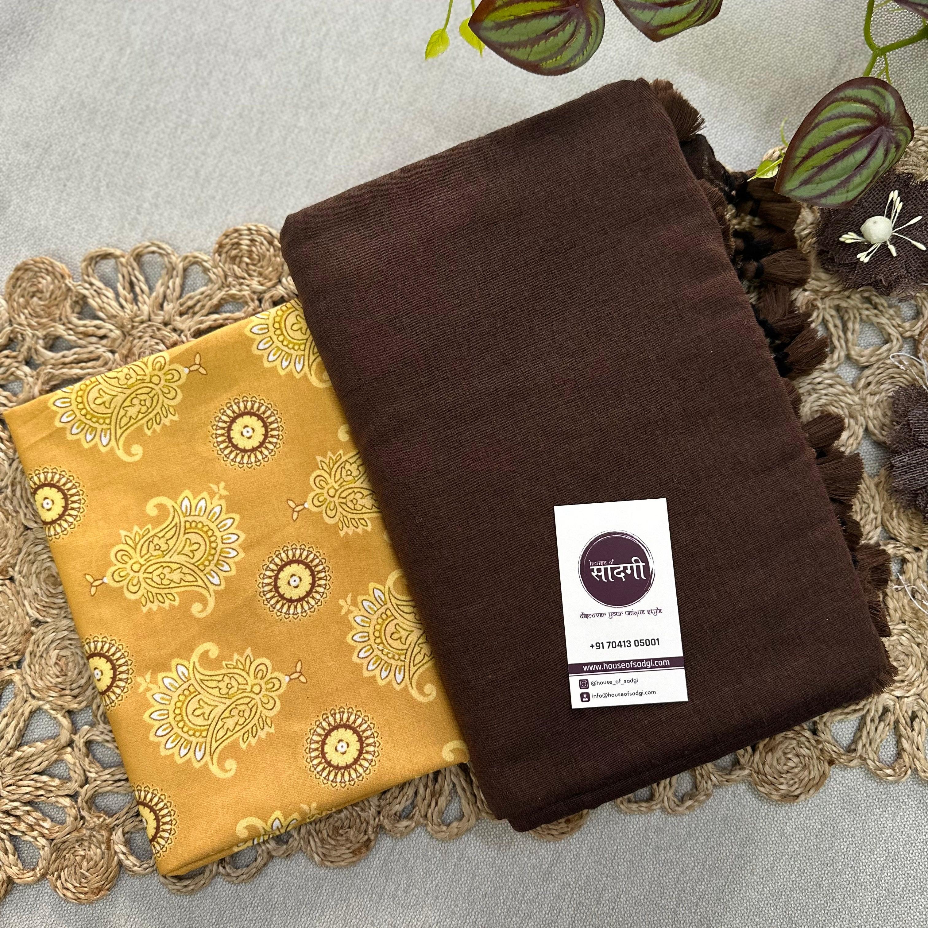 Brown Handloom Khadi Cotton Saree With Yellow Printed Blouse - House Of Sadgi