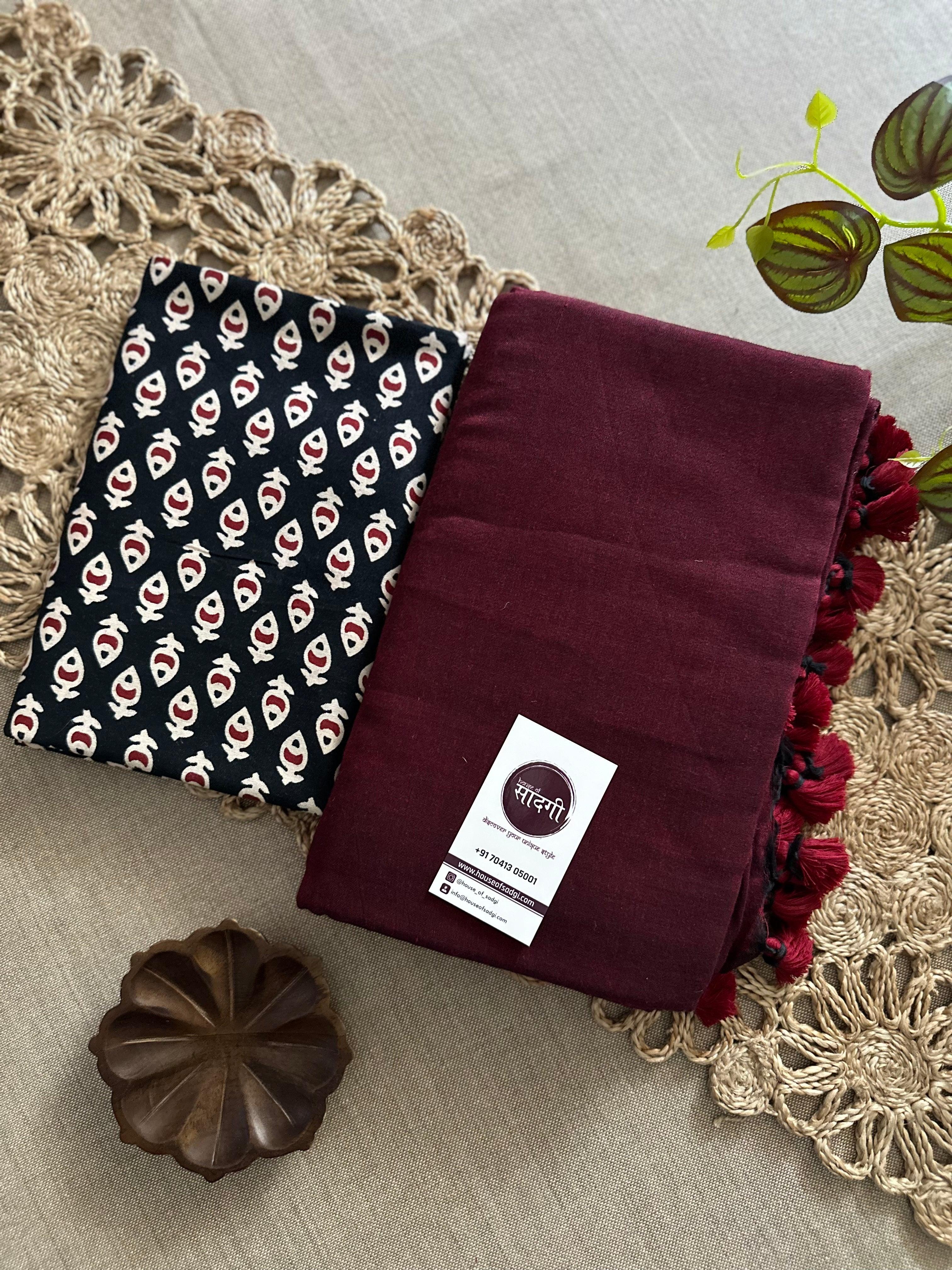 Dark Maroon Handloom Khadi Cotton Saree With Black Printed Blouse - House Of Sadgi