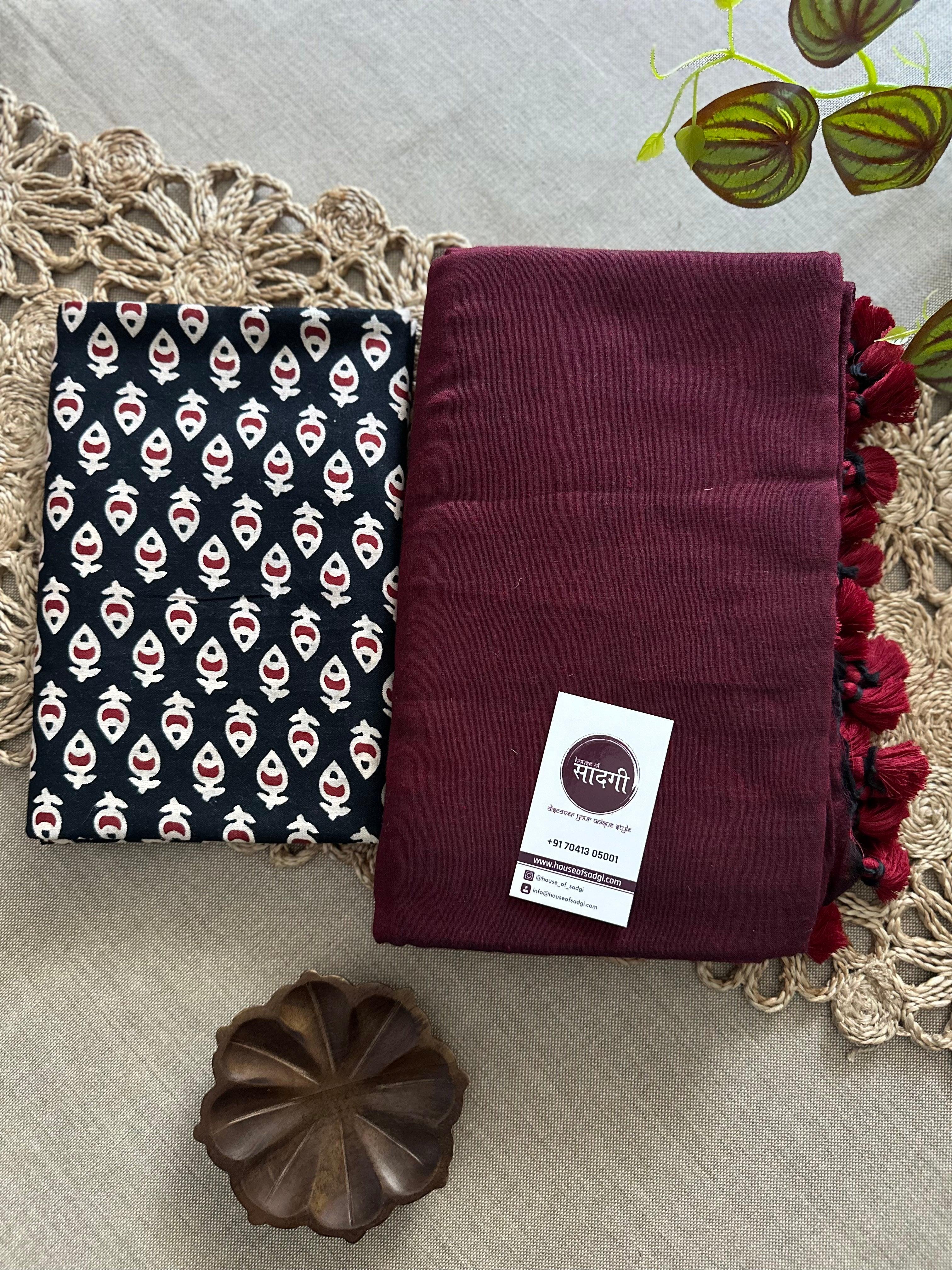 Dark Maroon Handloom Khadi Cotton Saree With Black Printed Blouse - House Of Sadgi