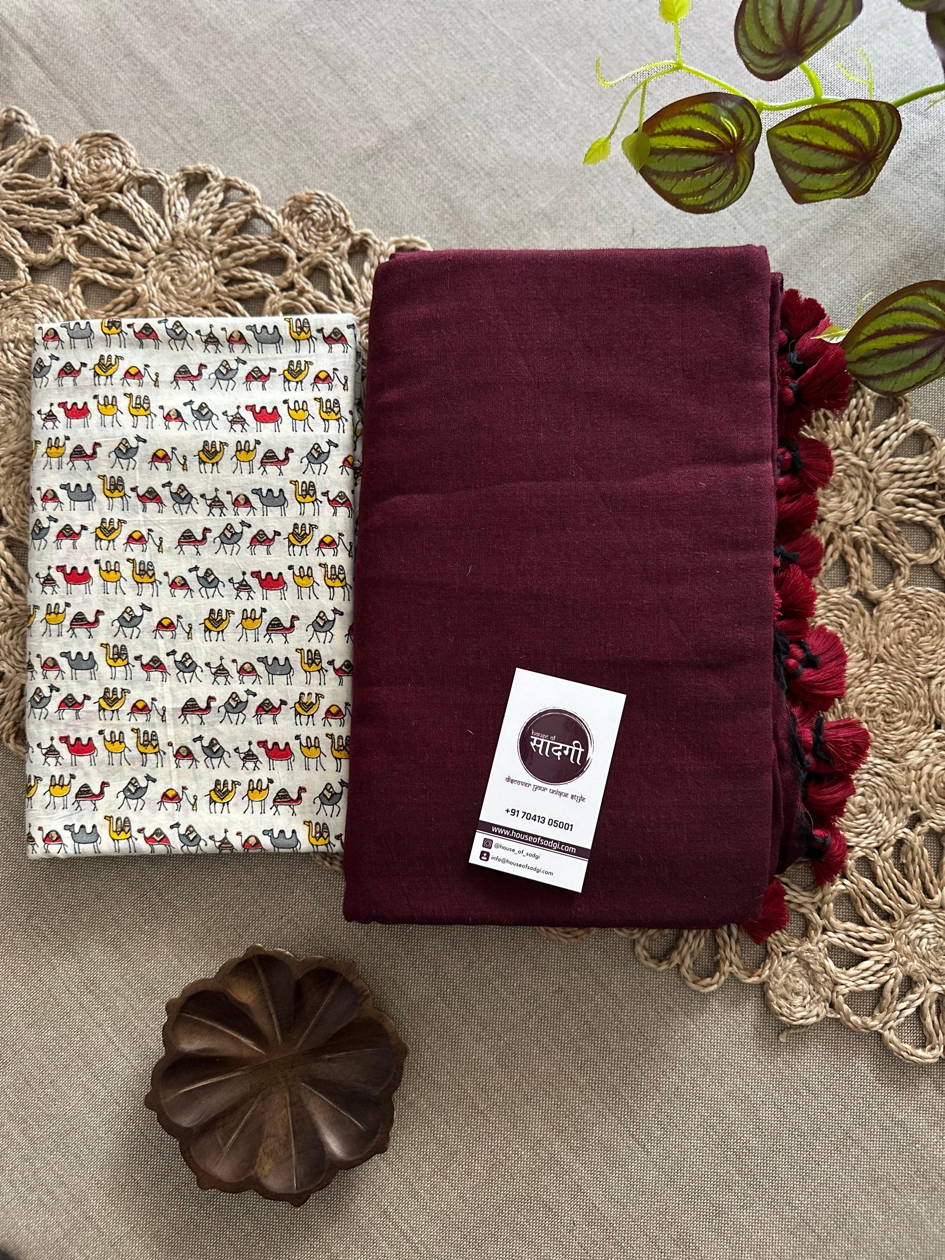 Dark Maroon Handloom Khadi Cotton Saree With Camel Print Blouse - House Of Sadgi