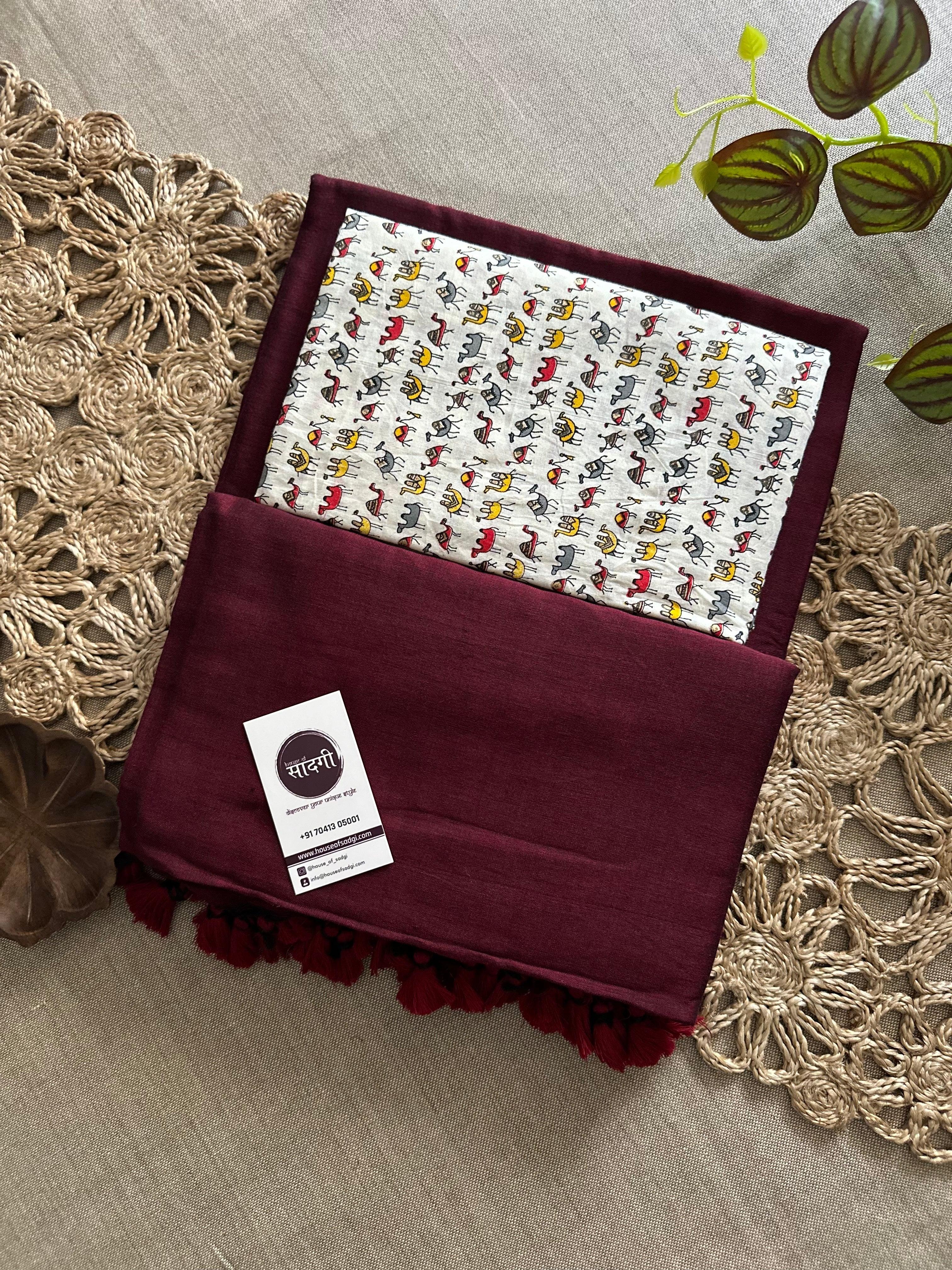 Dark Maroon Handloom Khadi Cotton Saree With Camel Print Blouse - House Of Sadgi