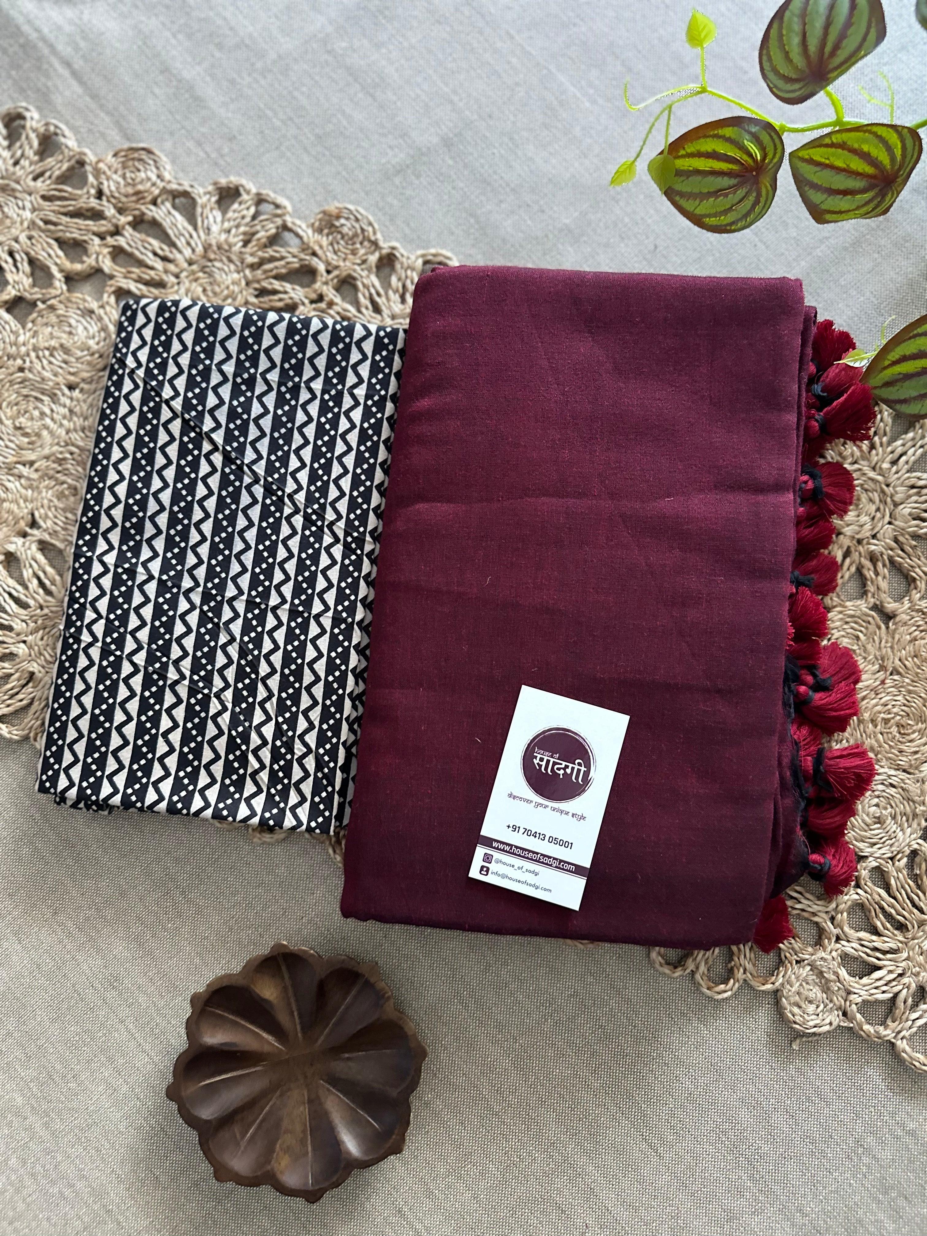 Dark Maroon Handloom Khadi Cotton Saree With Lining Printed Blouse - House Of Sadgi