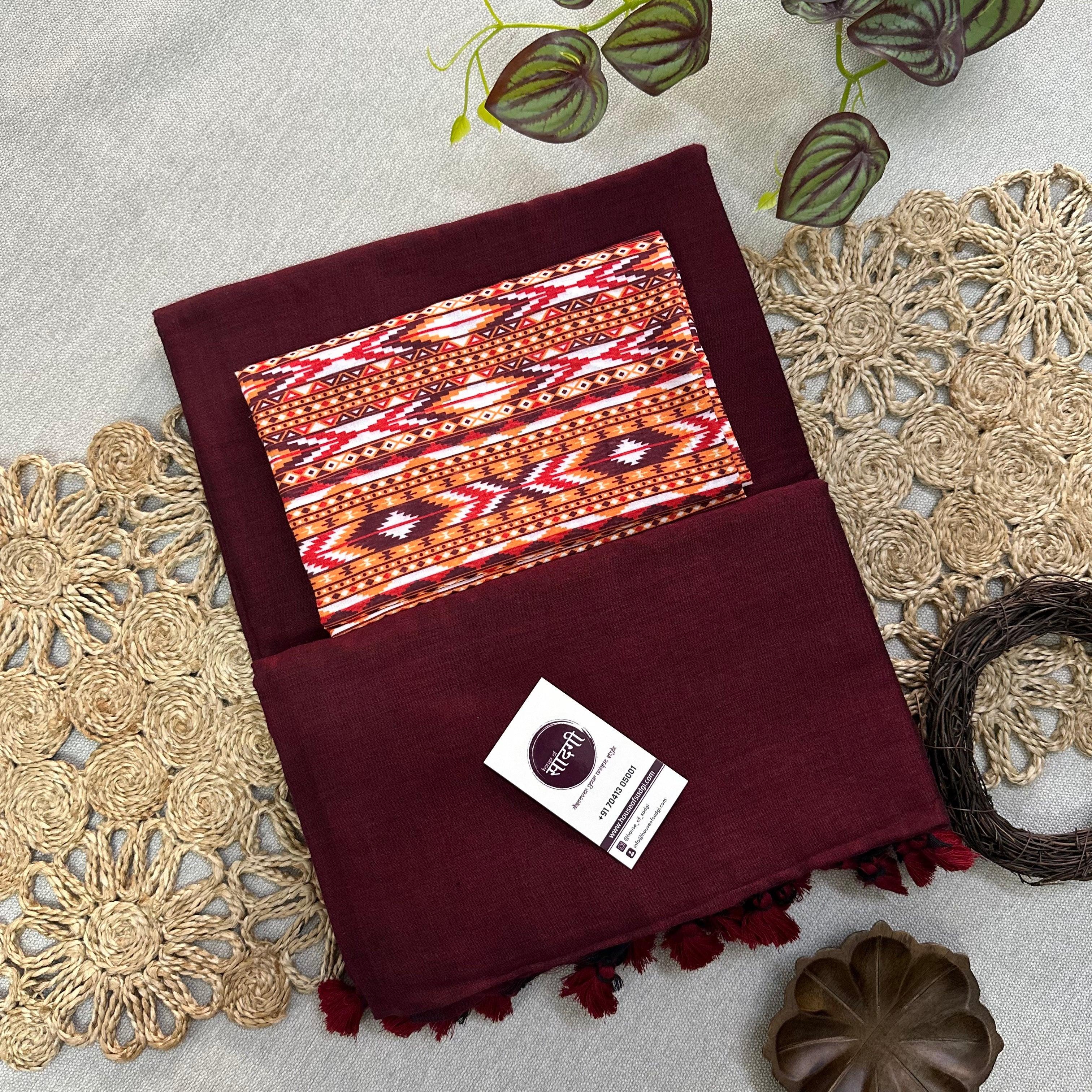 Dark Maroon Handloom Khadi Cotton Saree With Stripes Printed Blouse - House Of Sadgi