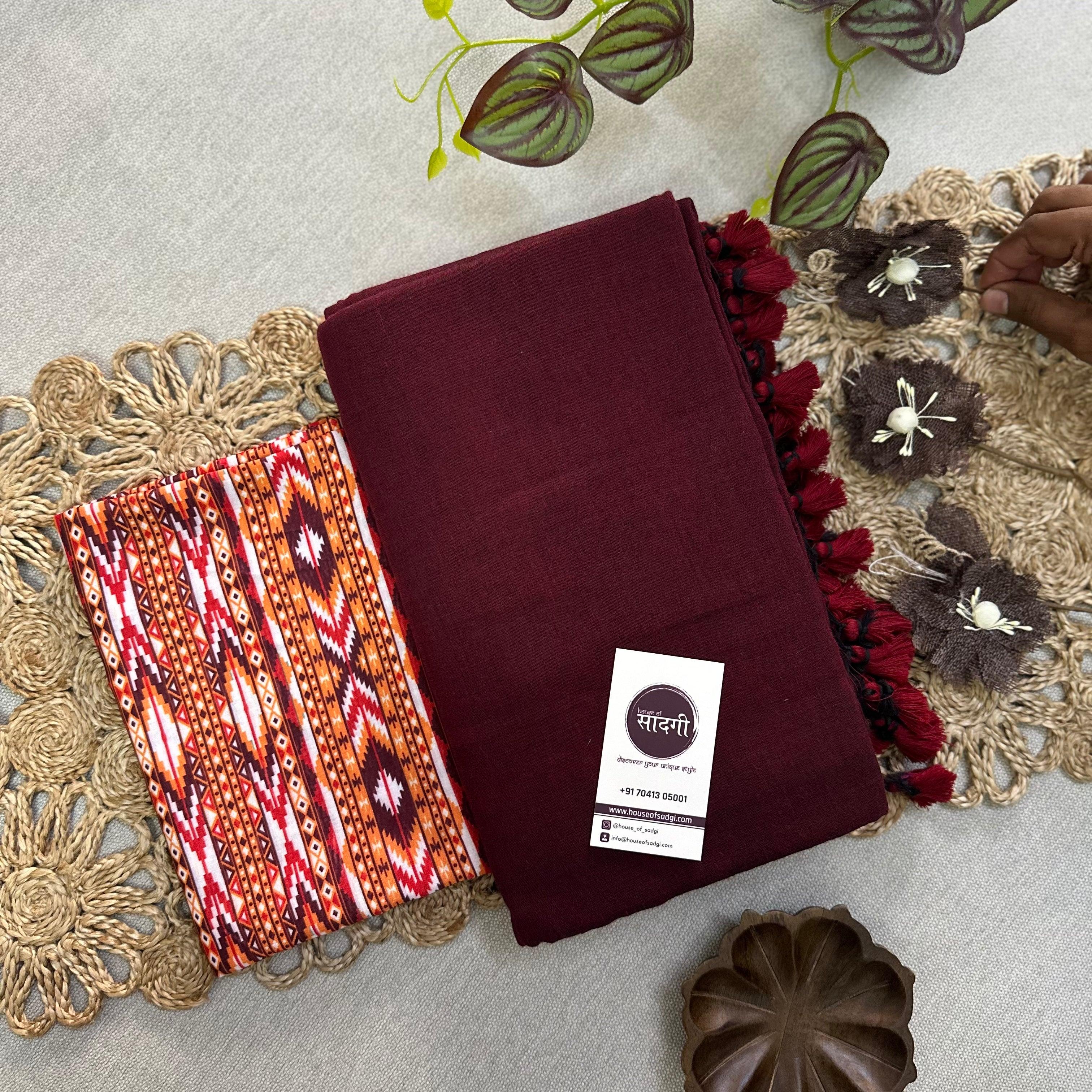 Dark Maroon Handloom Khadi Cotton Saree With Stripes Printed Blouse - House Of Sadgi