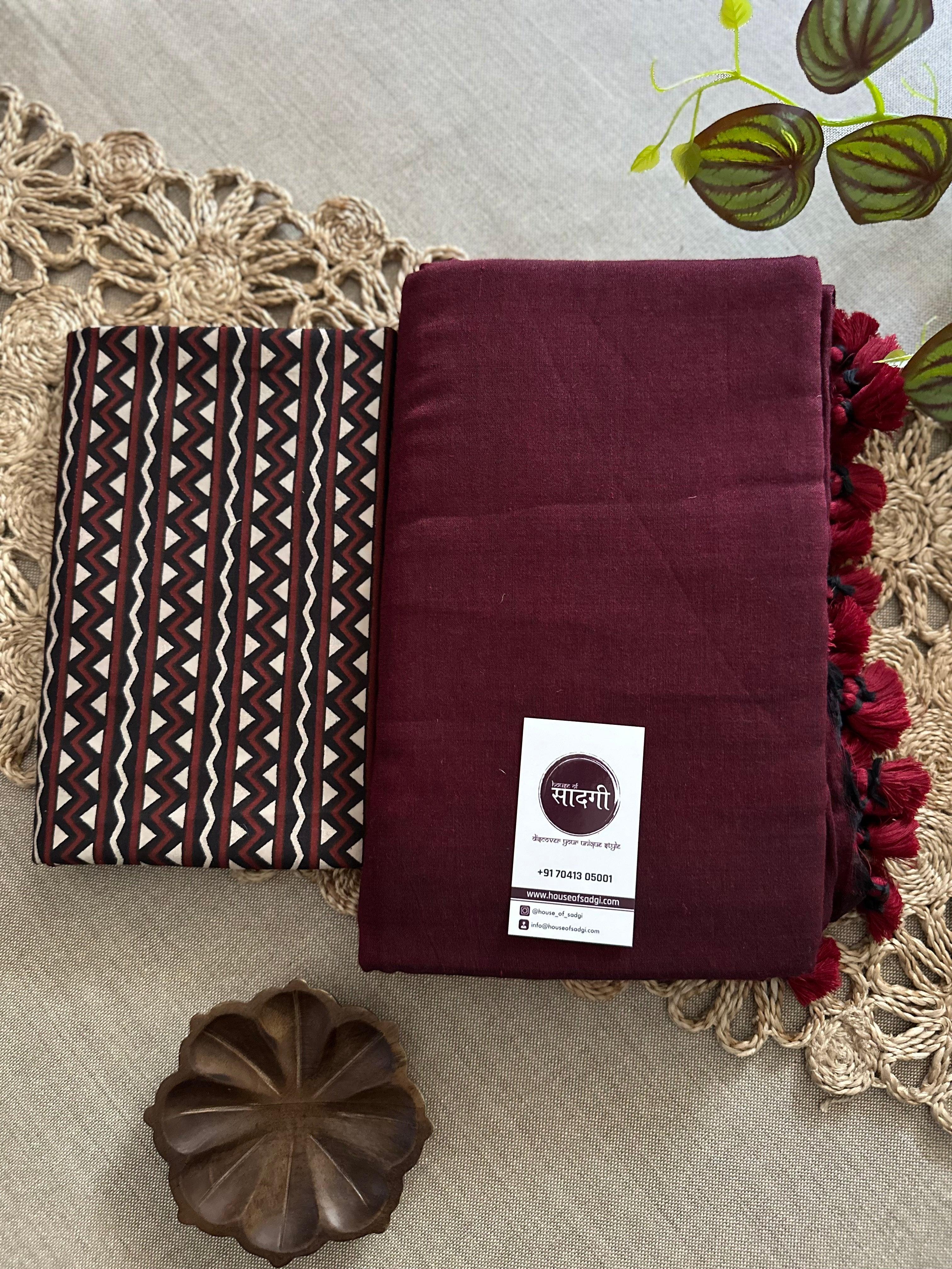 Dark Maroon Handloom Khadi Cotton Saree With Zigzag Printed Blouse - House Of Sadgi