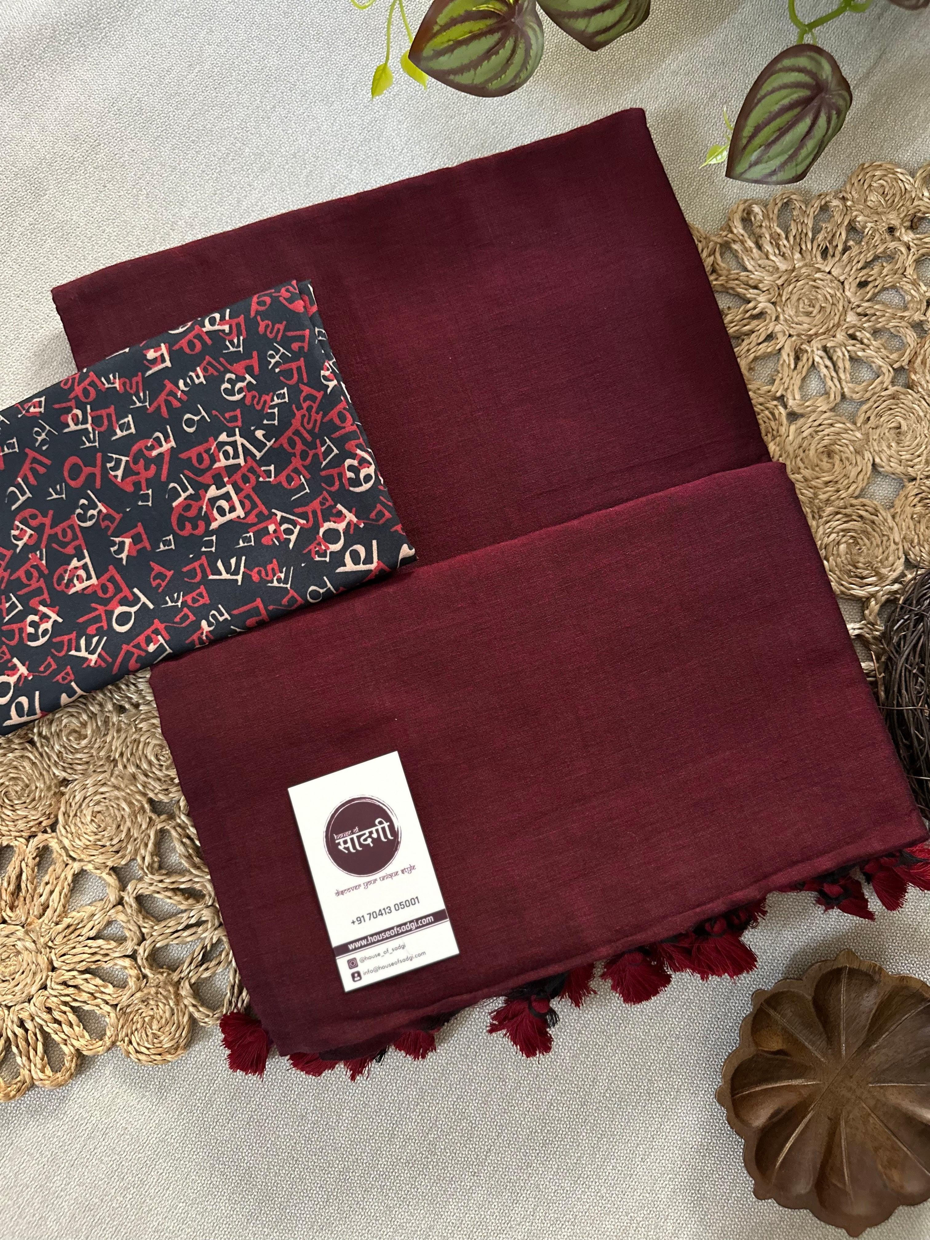 Dark Marron Handloom Khadi Cotton Saree With Black Printed Blouse - House Of Sadgi