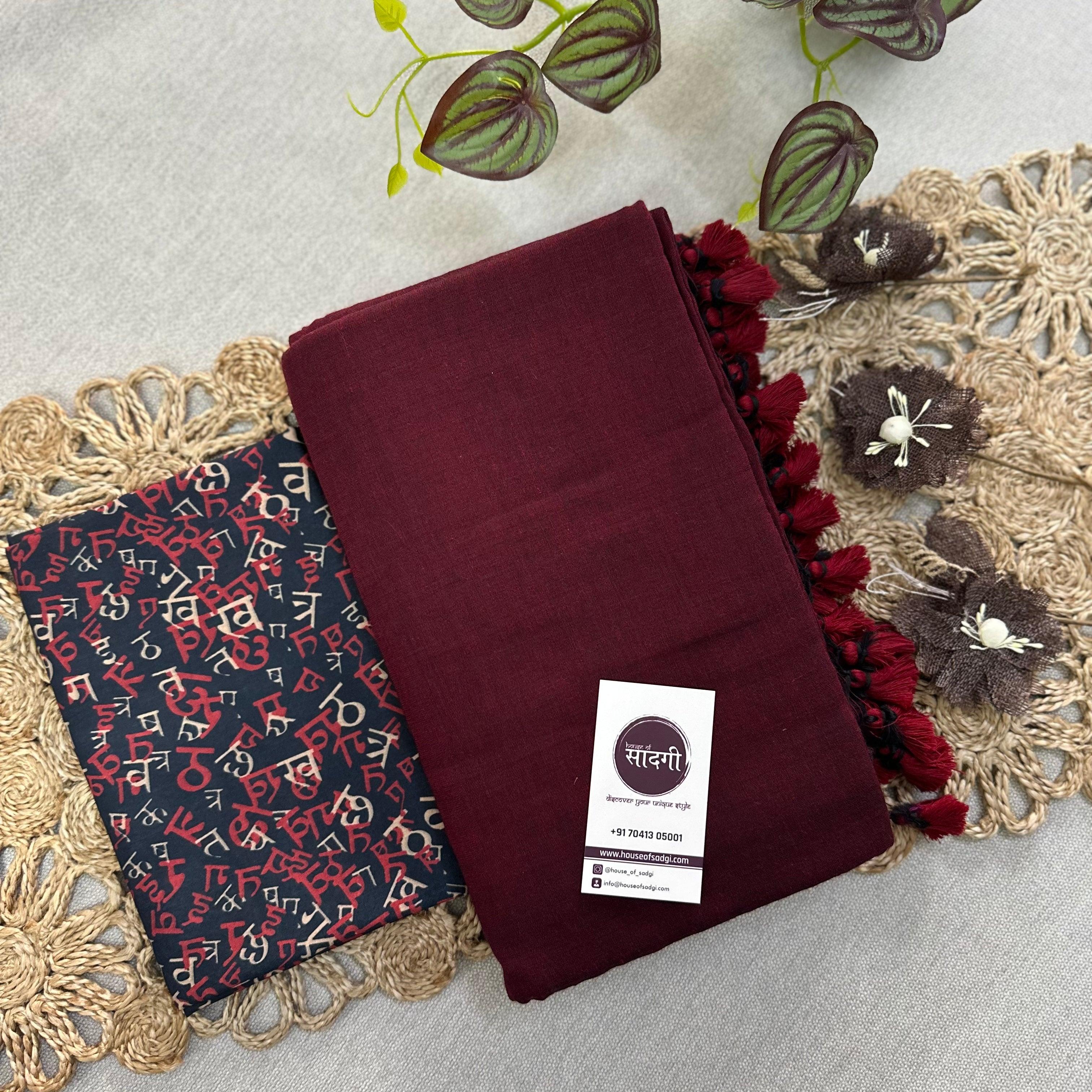 Dark Marron Handloom Khadi Cotton Saree With Black Printed Blouse - House Of Sadgi