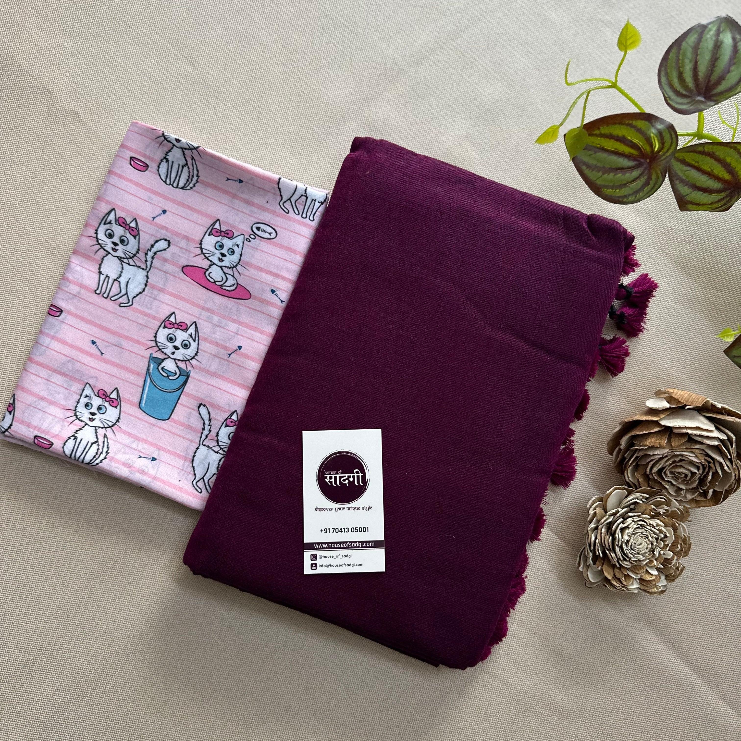 Dark Wine Handloom Khadi Cotton Saree With Baby PInk Printed Blouse - House Of Sadgi