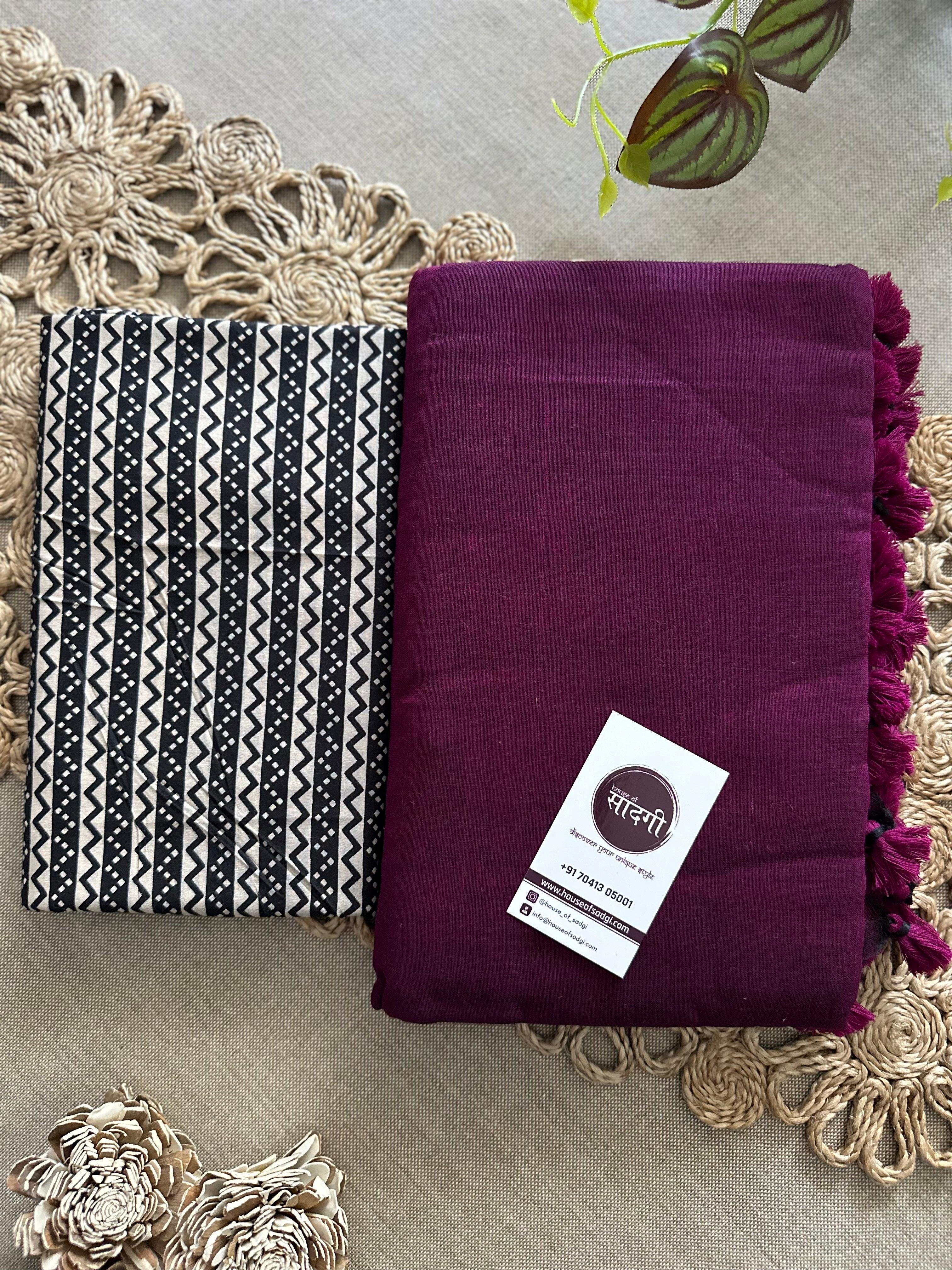 Dark Wine Handloom Khadi Cotton Saree With Black Printed Blouse - House Of Sadgi