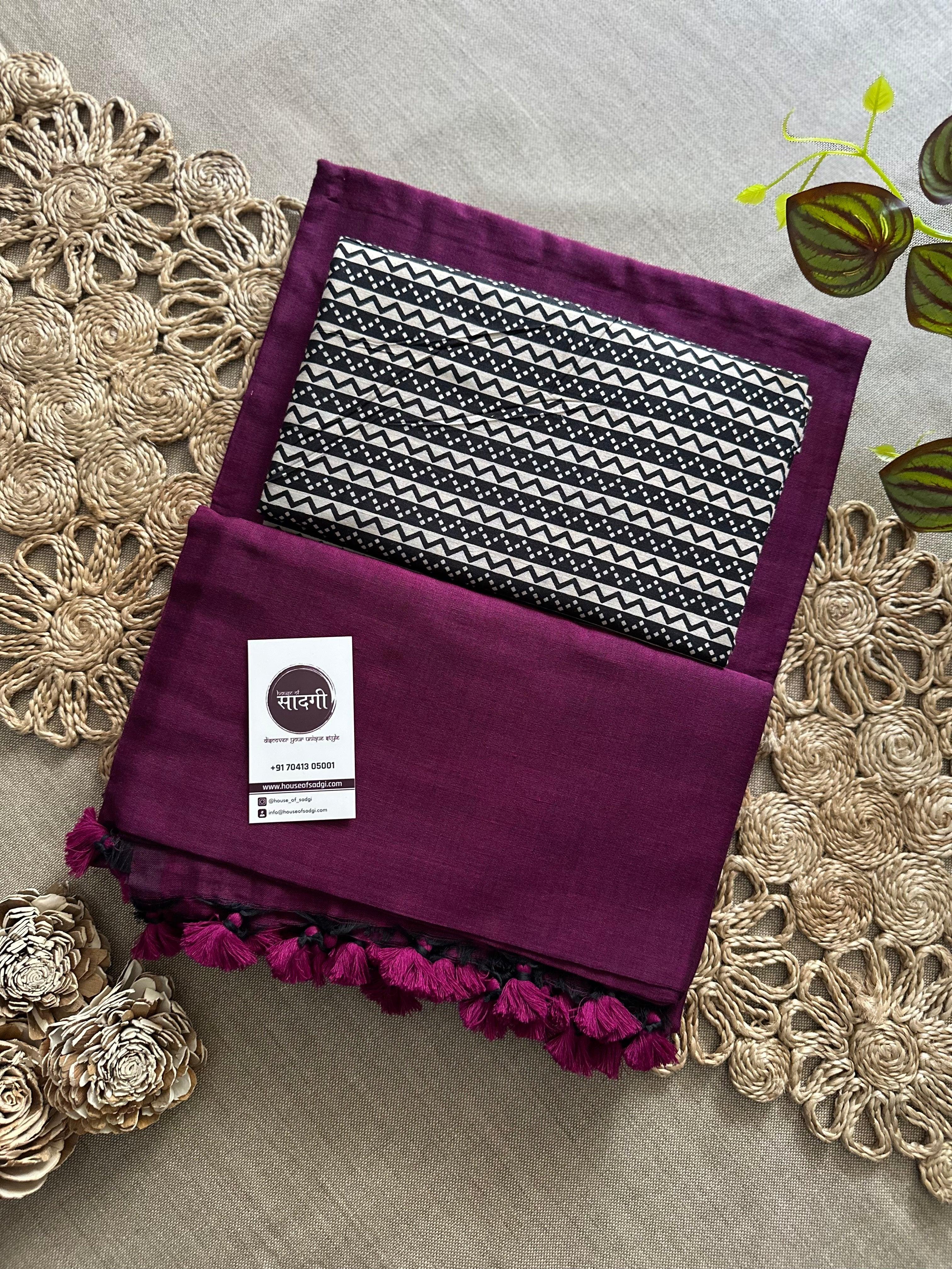 Dark Wine Handloom Khadi Cotton Saree With Black Printed Blouse - House Of Sadgi