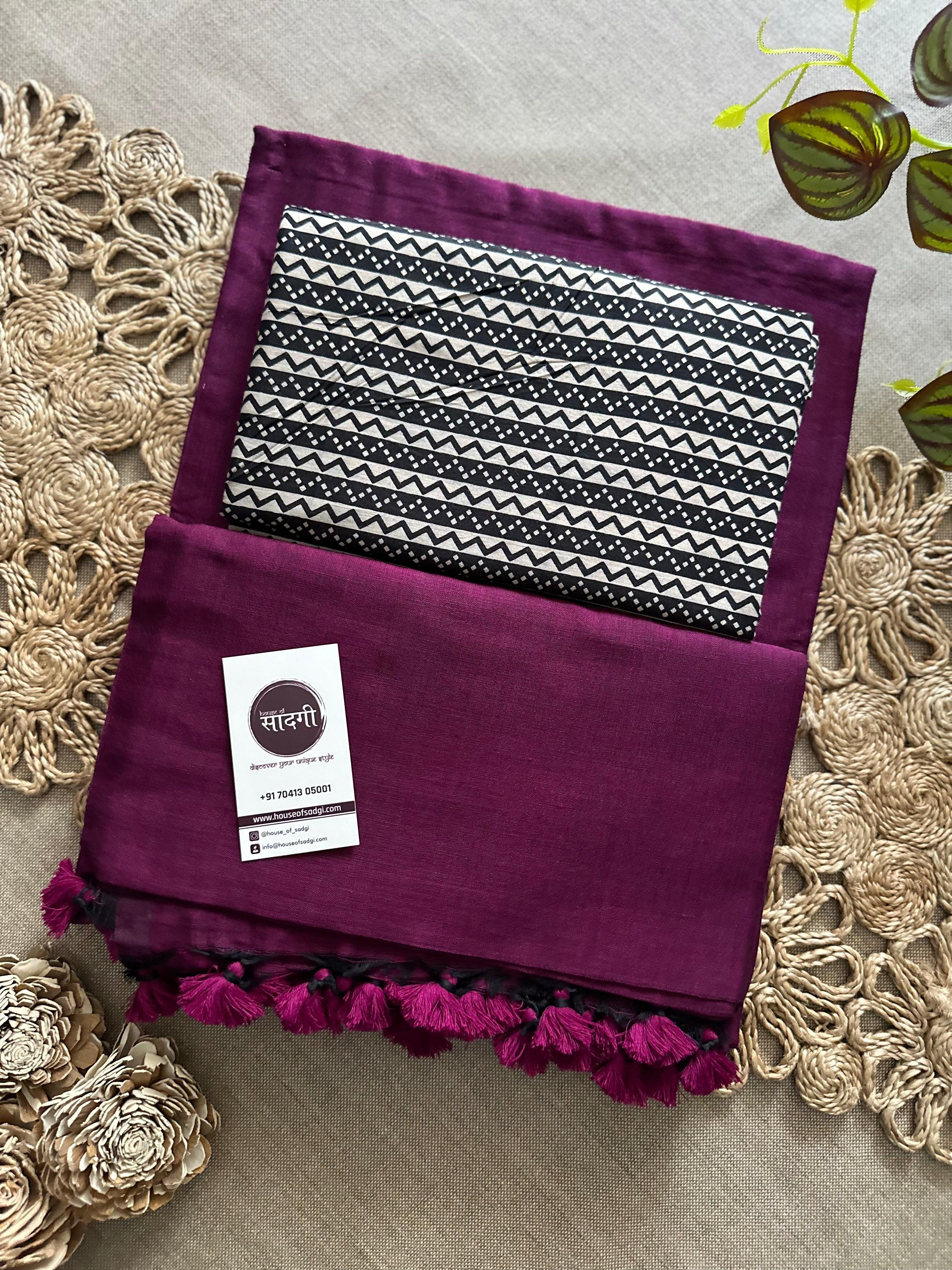 Dark Wine Handloom Khadi Cotton Saree With Black Printed Blouse - House Of Sadgi