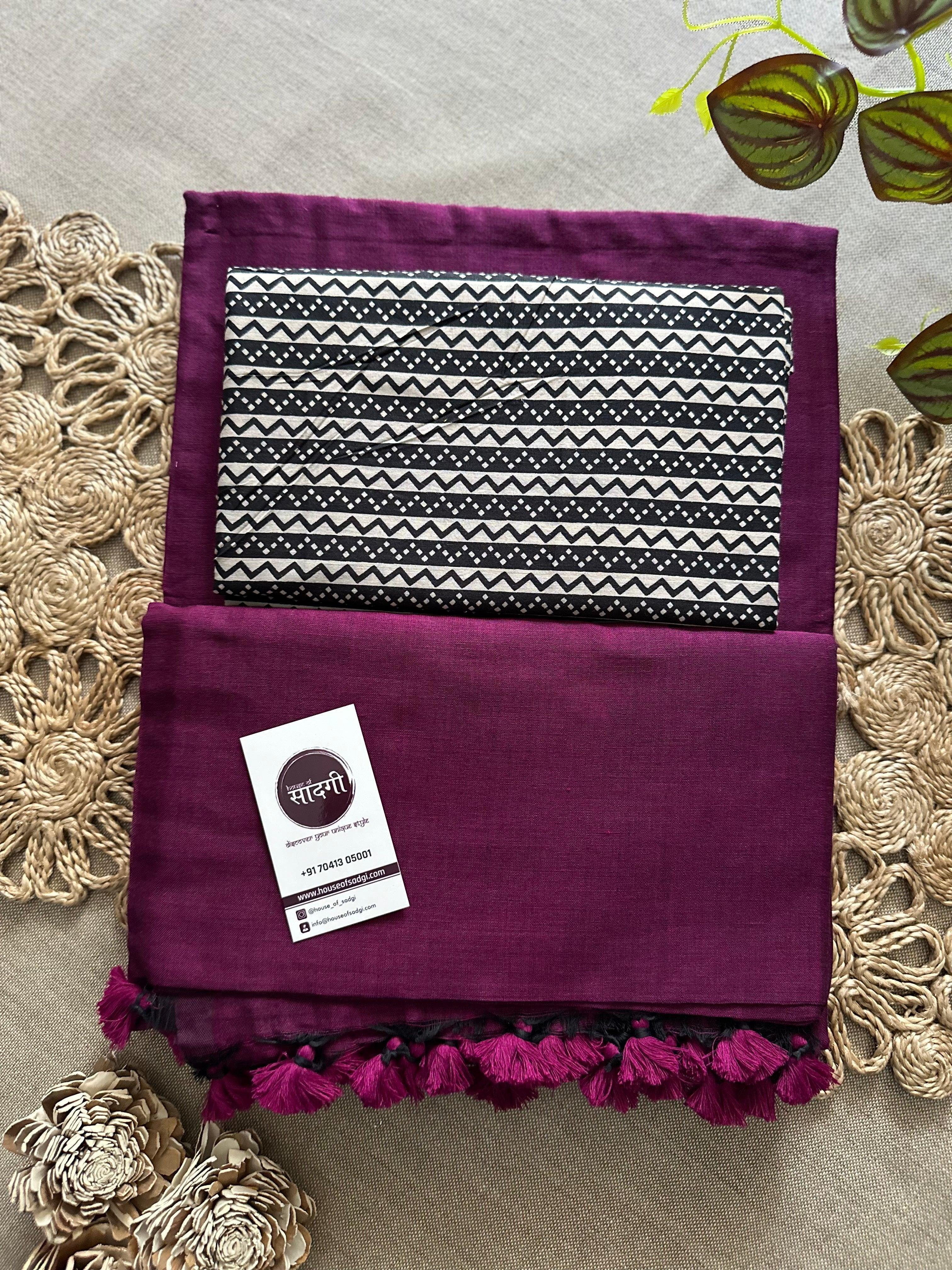 Dark Wine Handloom Khadi Cotton Saree With Black Printed Blouse - House Of Sadgi