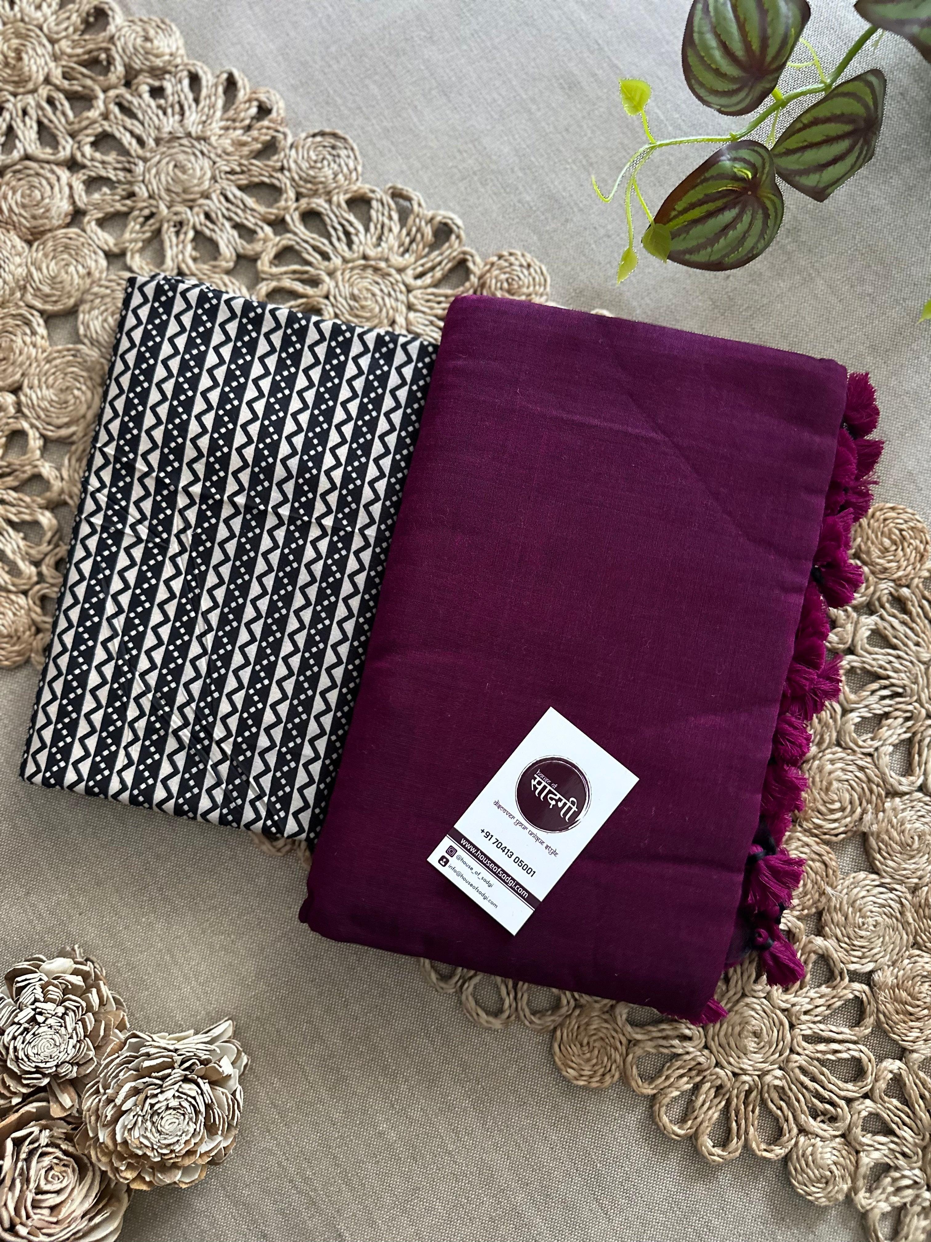 Dark Wine Handloom Khadi Cotton Saree With Black Printed Blouse - House Of Sadgi