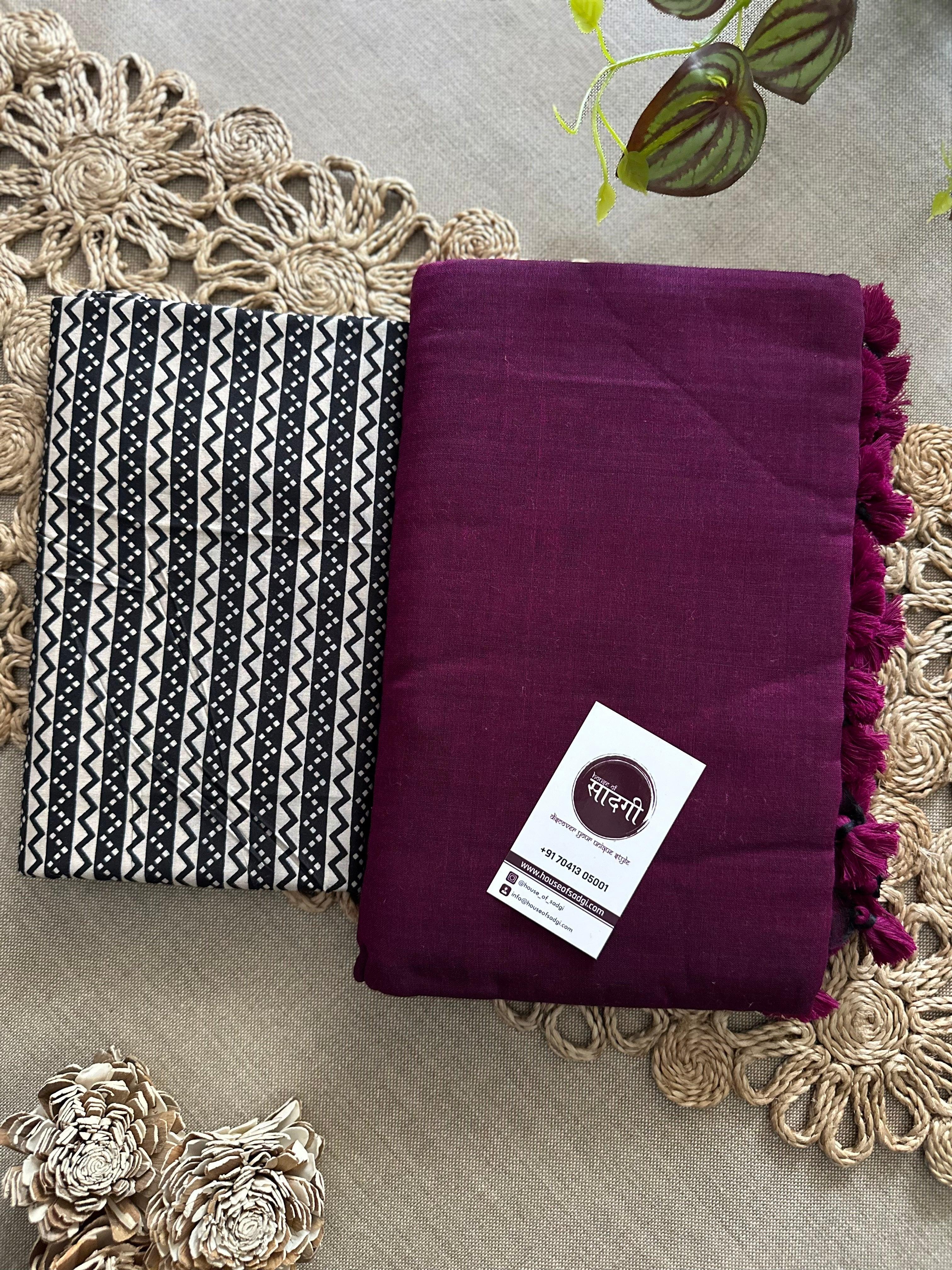 Dark Wine Handloom Khadi Cotton Saree With Black Printed Blouse - House Of Sadgi