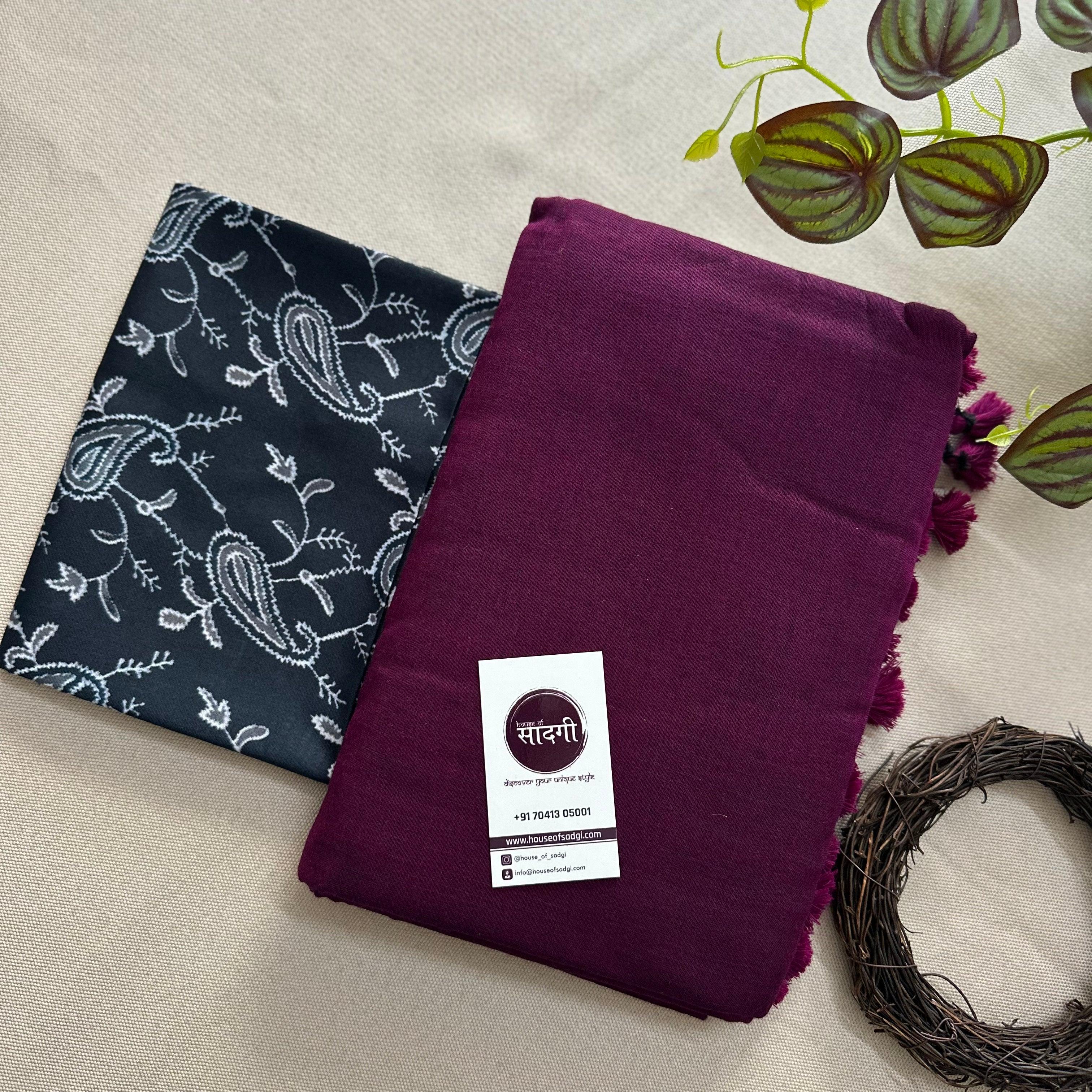 Dark Wine Handloom Khadi Cotton Saree With Black Printed Blouse - House Of Sadgi