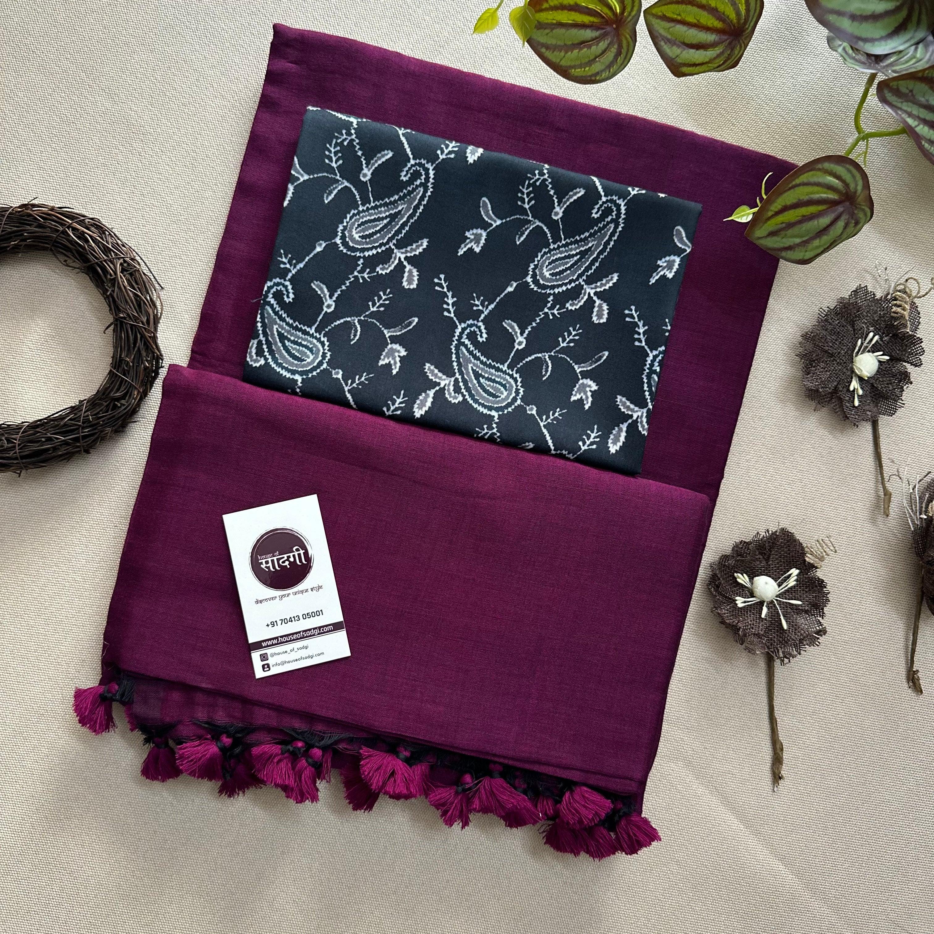 Dark Wine Handloom Khadi Cotton Saree With Black Printed Blouse - House Of Sadgi