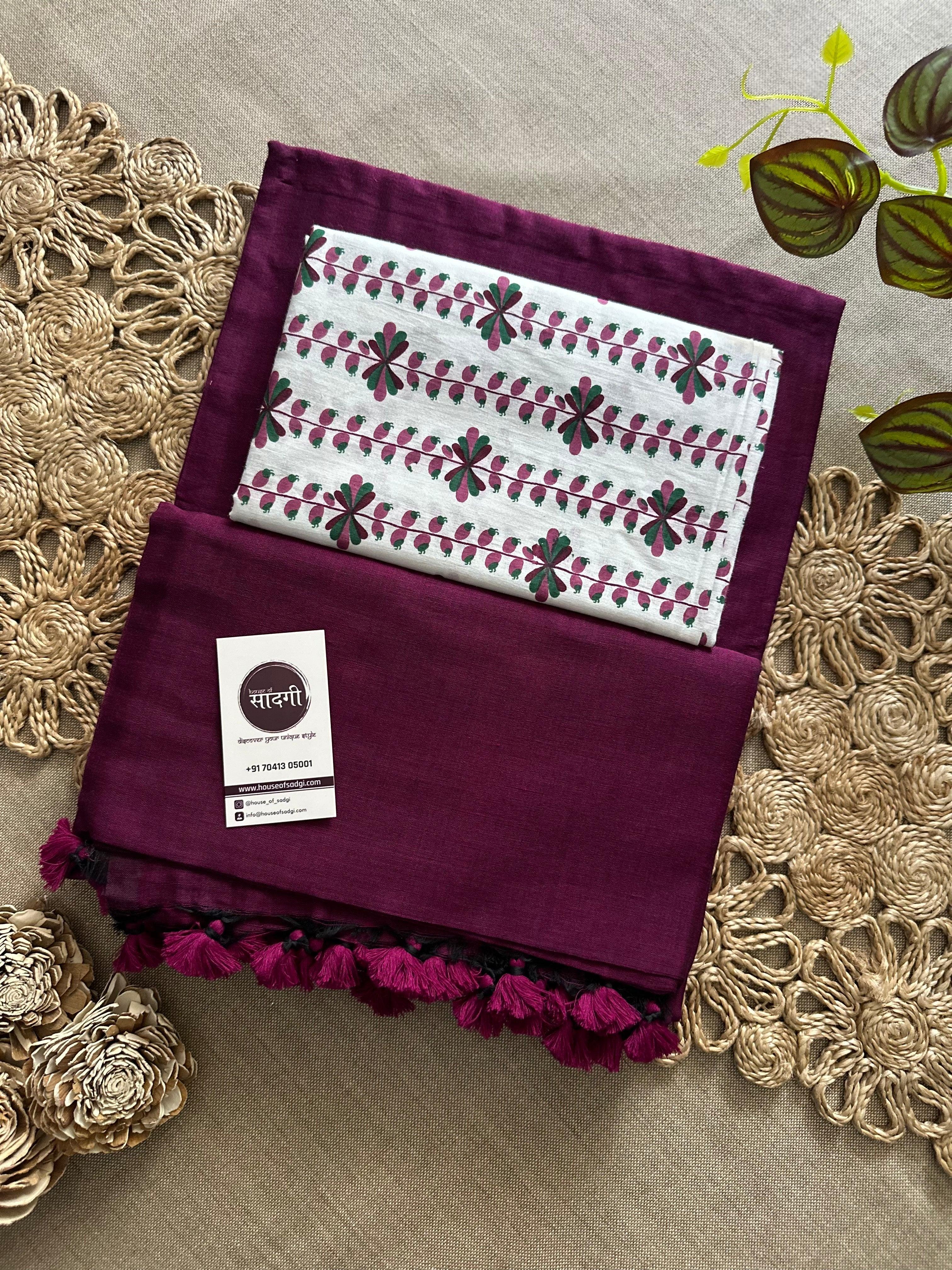 Dark Wine Handloom Khadi Cotton Saree With Floral Printed Blouse - House Of Sadgi