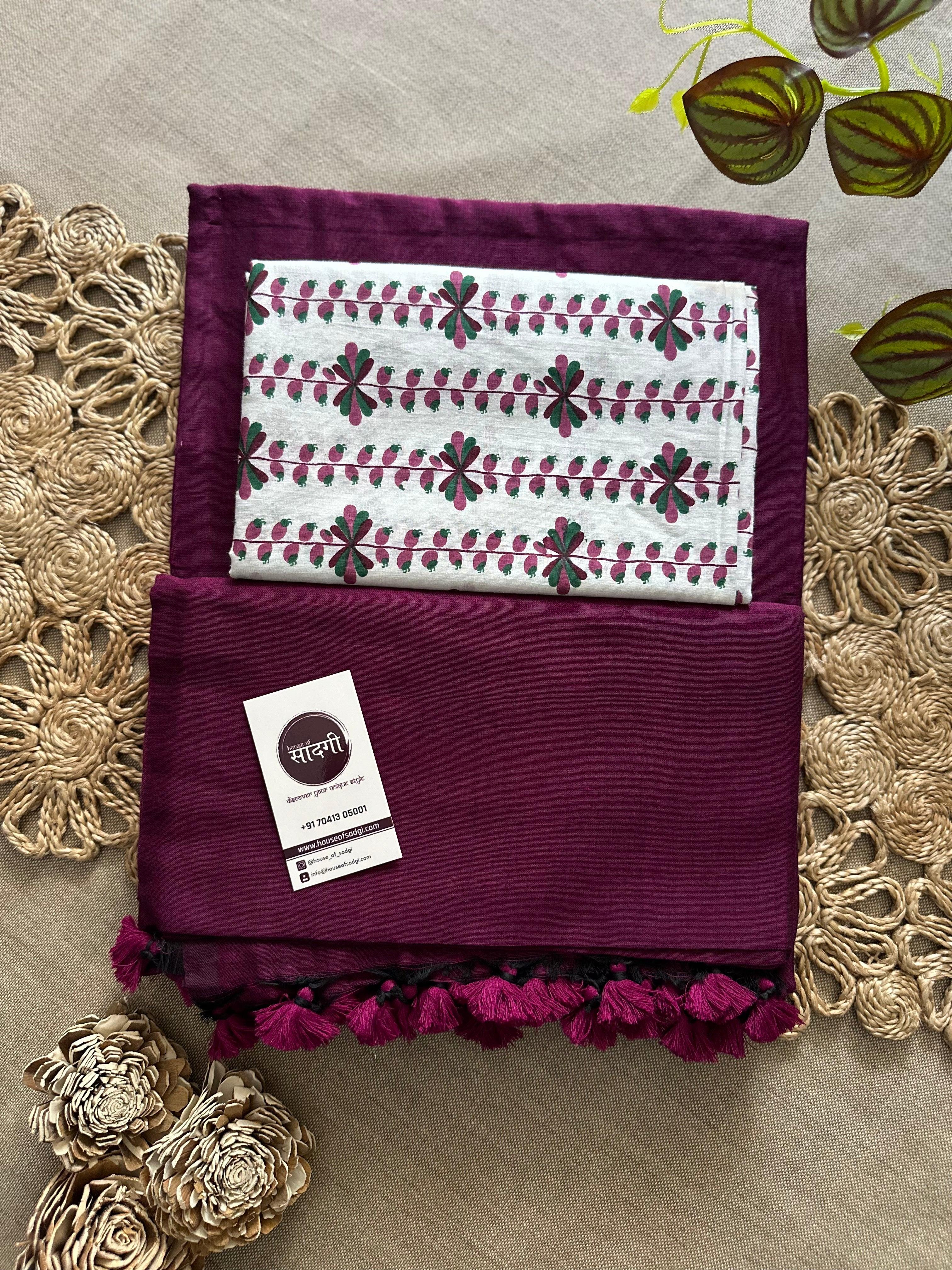 Dark Wine Handloom Khadi Cotton Saree With Floral Printed Blouse - House Of Sadgi