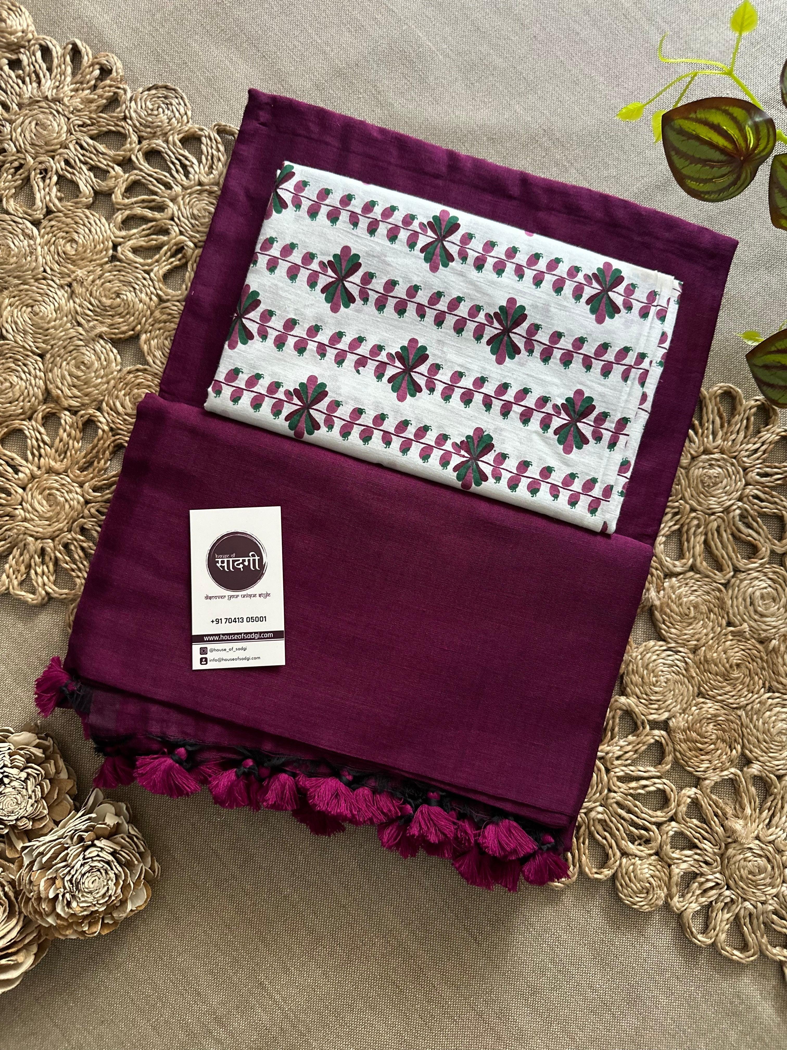 Dark Wine Handloom Khadi Cotton Saree With Floral Printed Blouse - House Of Sadgi