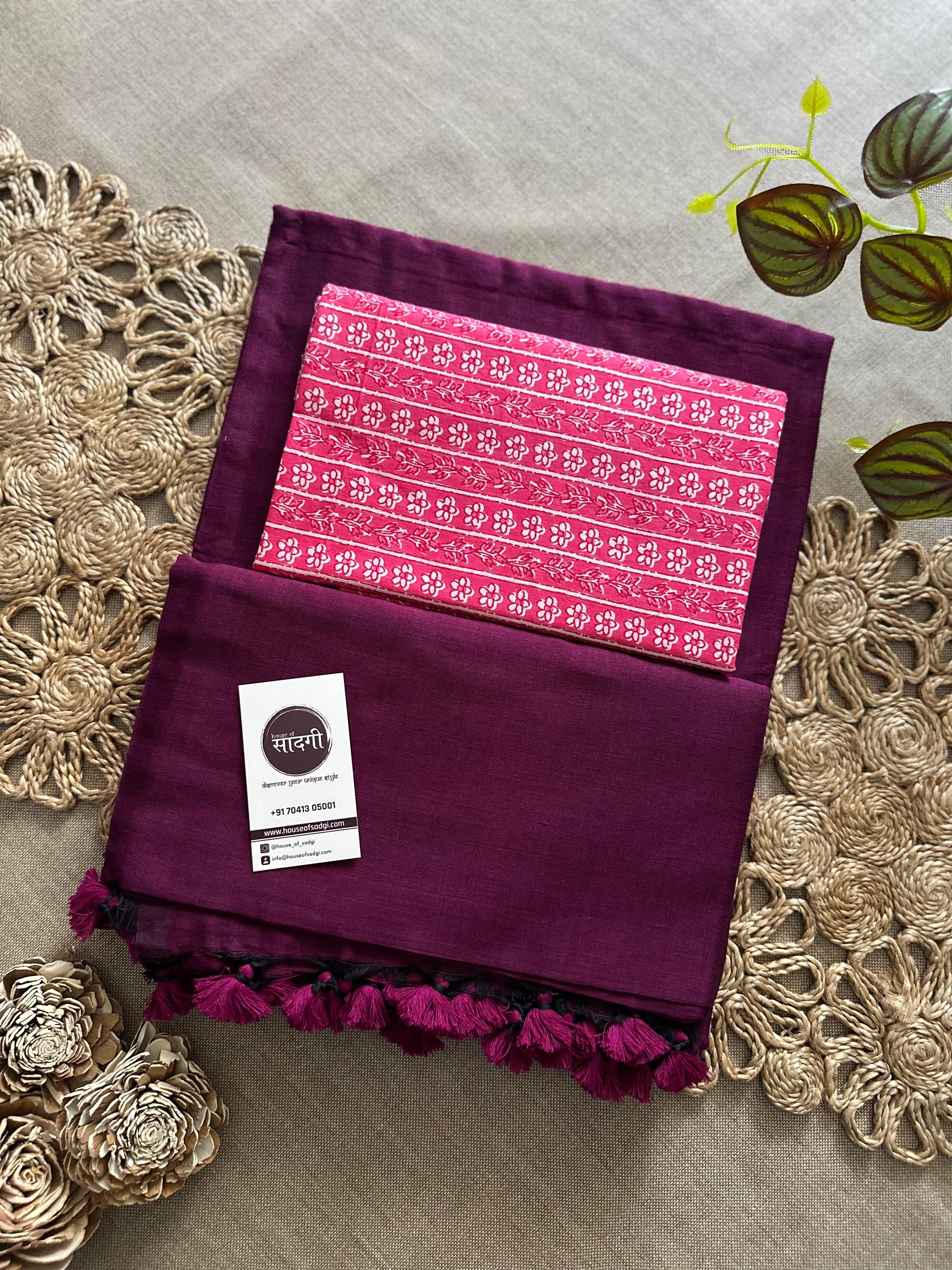 Dark Wine Handloom Khadi Cotton Saree With Pink Printed Blouse - House Of Sadgi