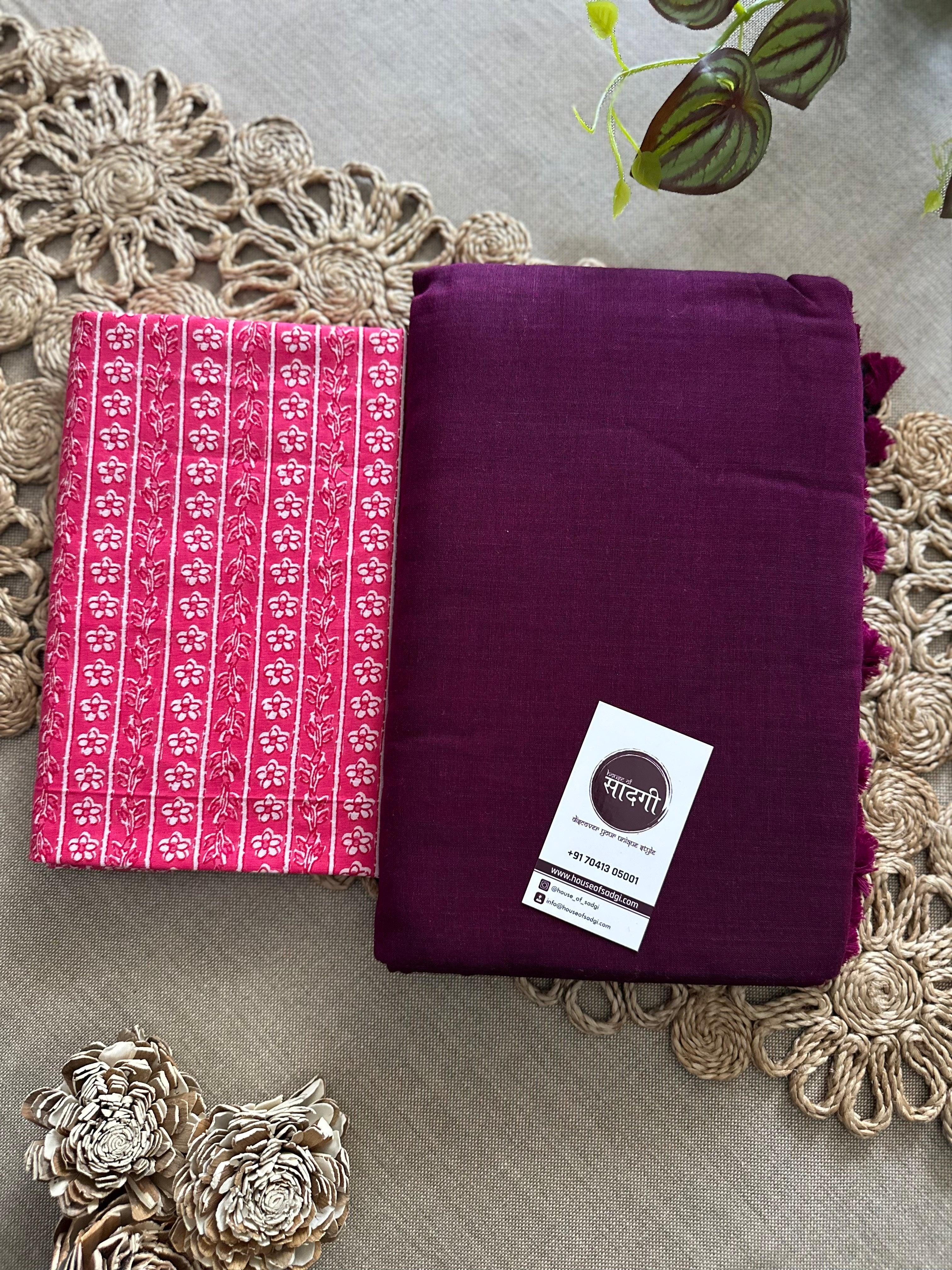 Dark Wine Handloom Khadi Cotton Saree With Pink Printed Blouse - House Of Sadgi