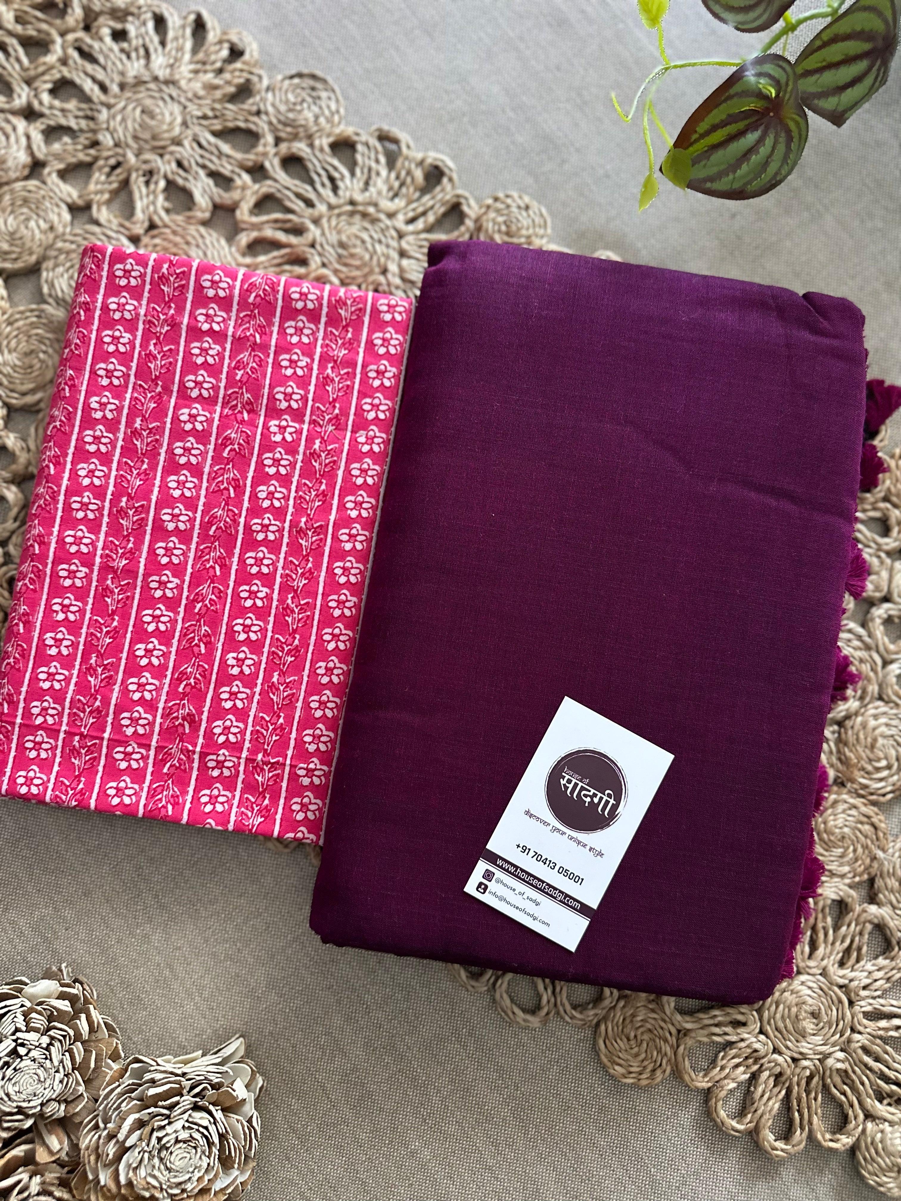 Dark Wine Handloom Khadi Cotton Saree With Pink Printed Blouse - House Of Sadgi