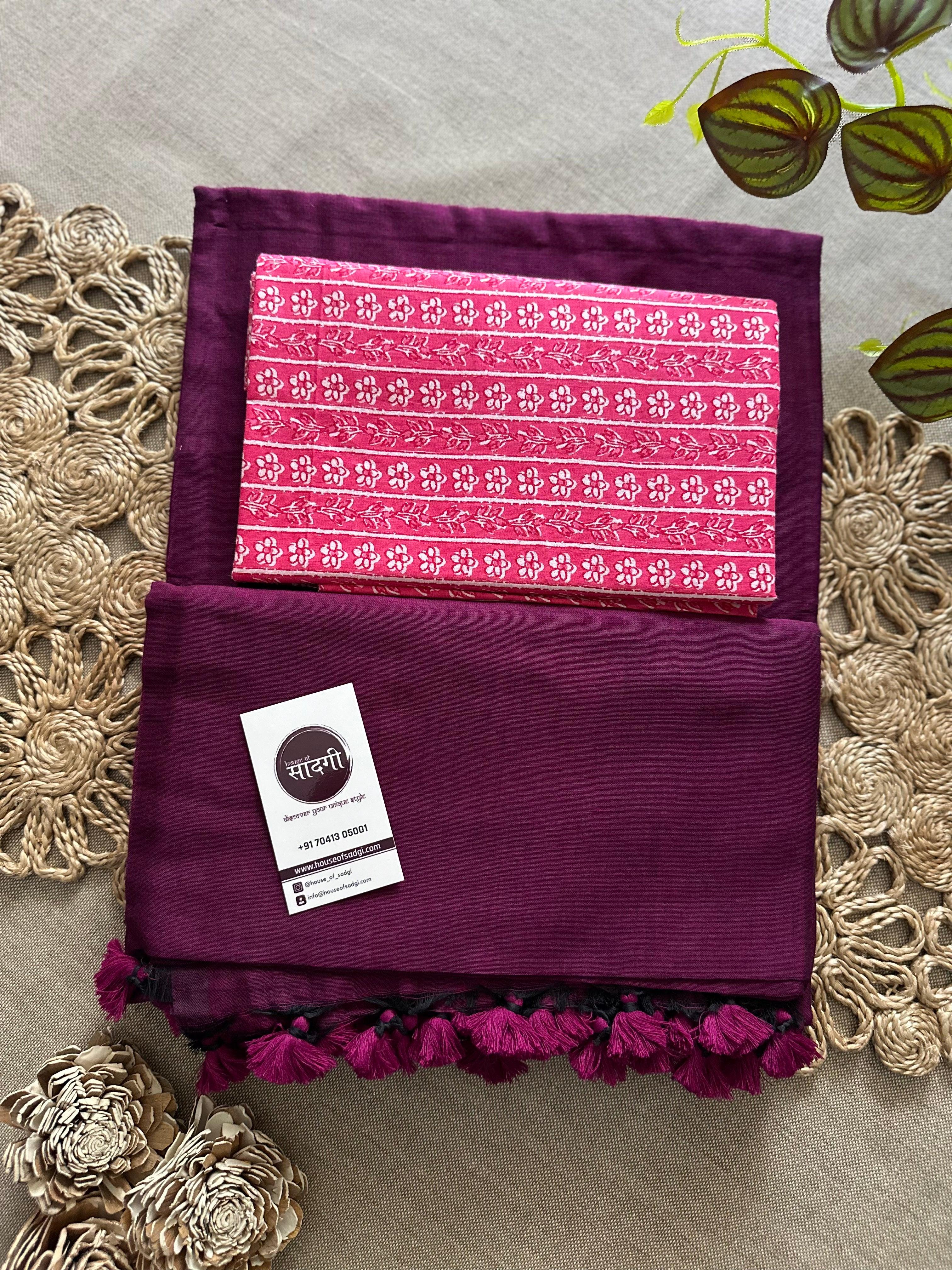 Dark Wine Handloom Khadi Cotton Saree With Pink Printed Blouse - House Of Sadgi