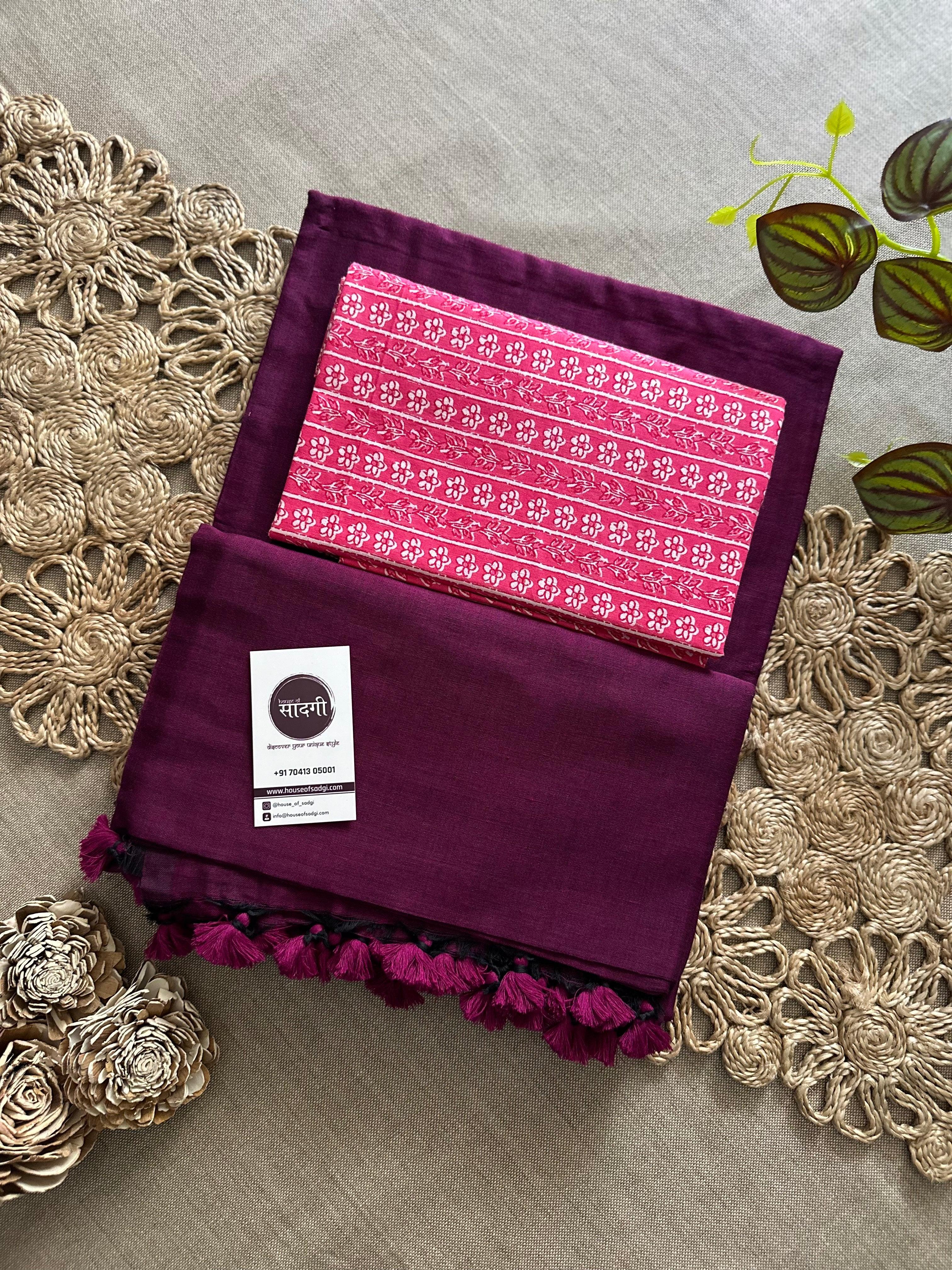 Dark Wine Handloom Khadi Cotton Saree With Pink Printed Blouse - House Of Sadgi