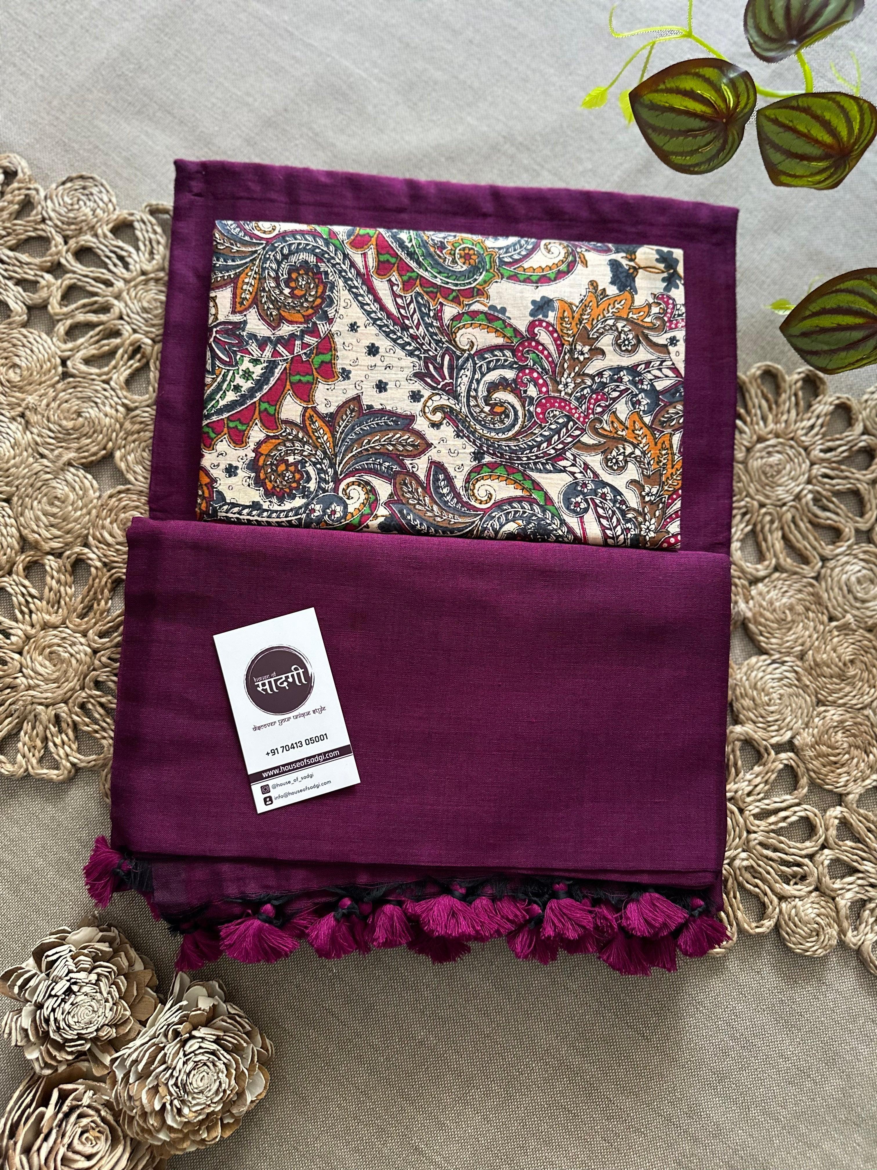 Dark Wine Handloom Khadi Cotton Saree With Printed Blouse - House Of Sadgi