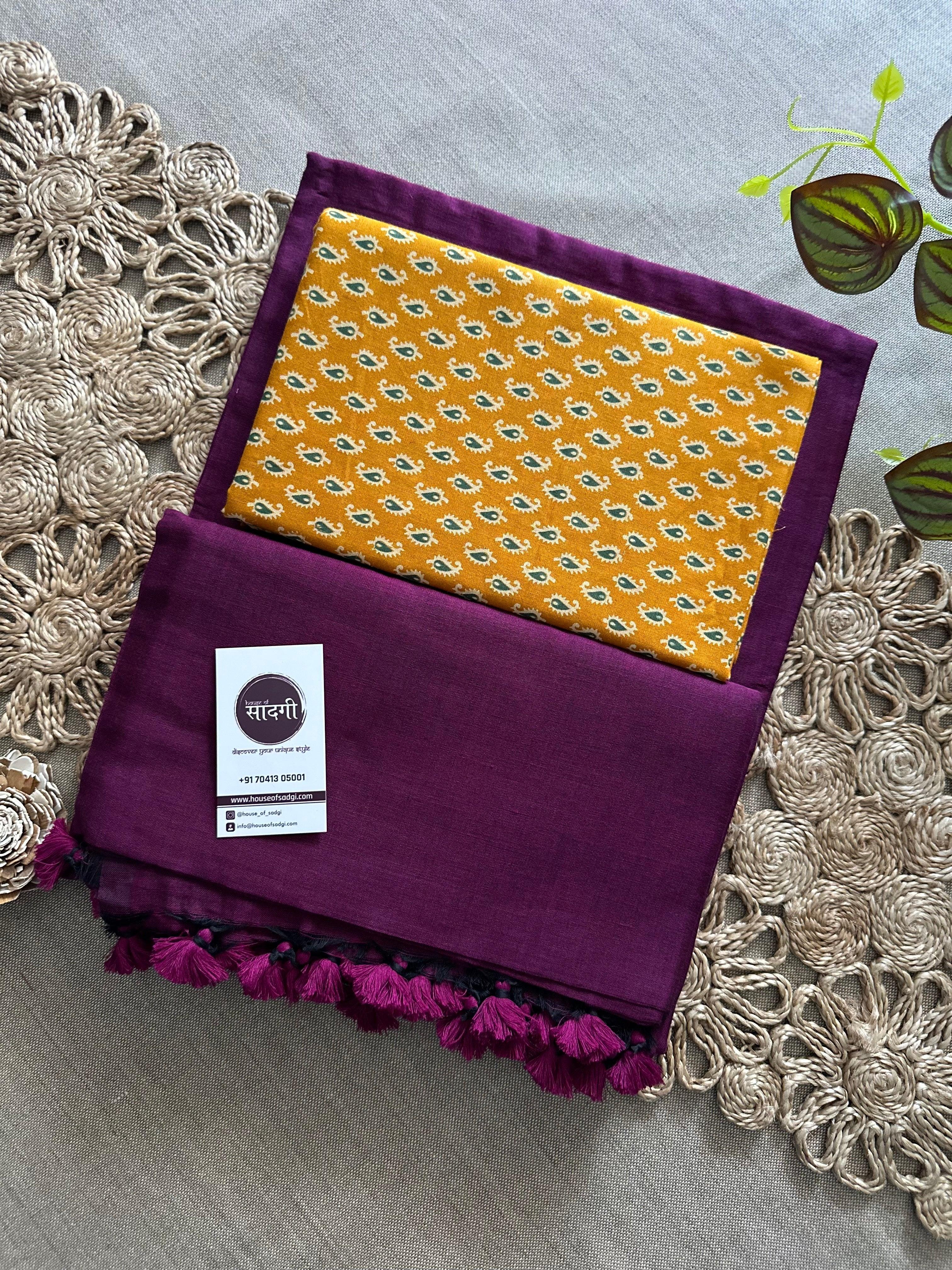 Dark Wine Handloom Khadi Cotton Saree With Yellow Printed Blouse - House Of Sadgi