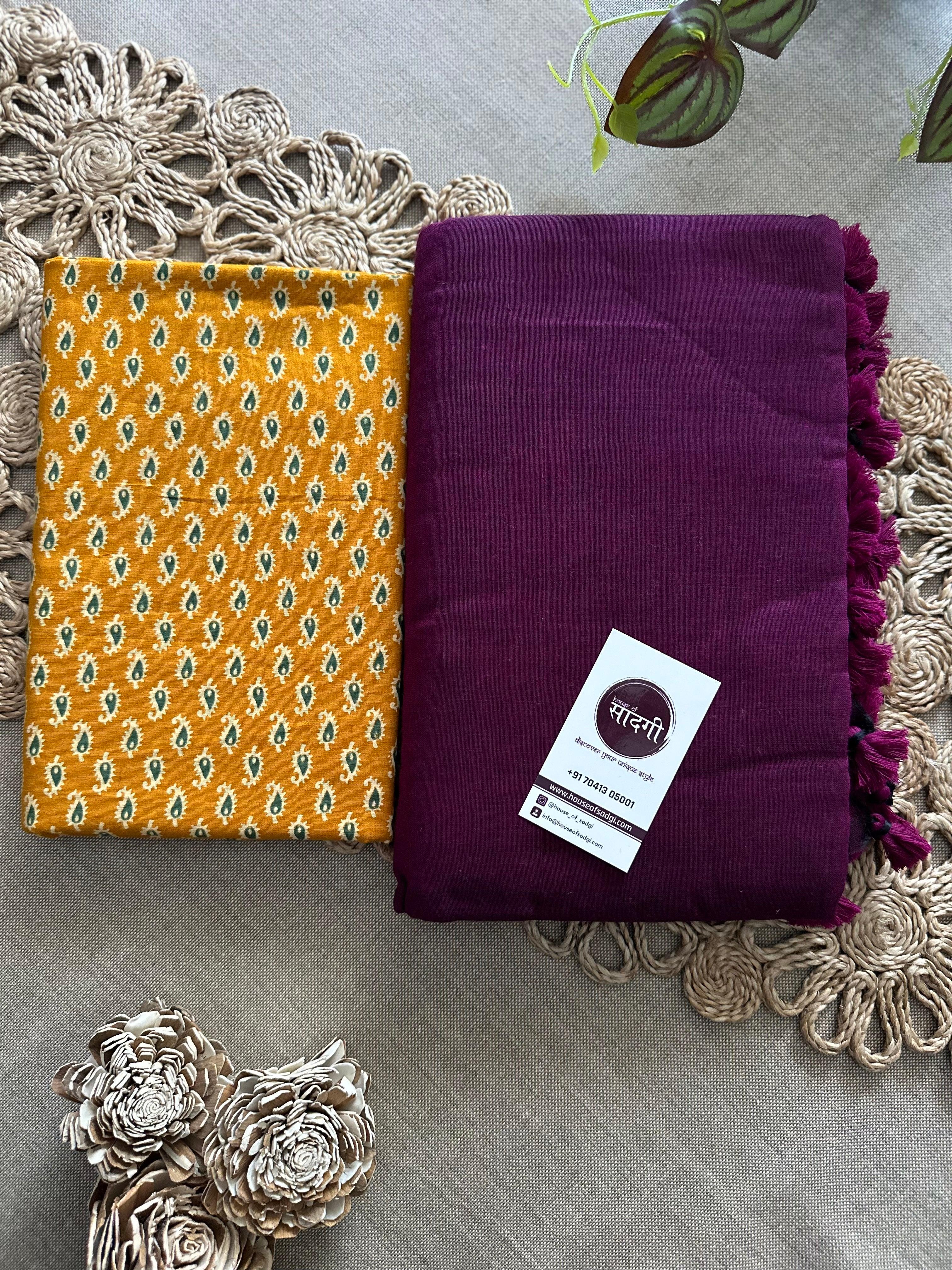 Dark Wine Handloom Khadi Cotton Saree With Yellow Printed Blouse - House Of Sadgi