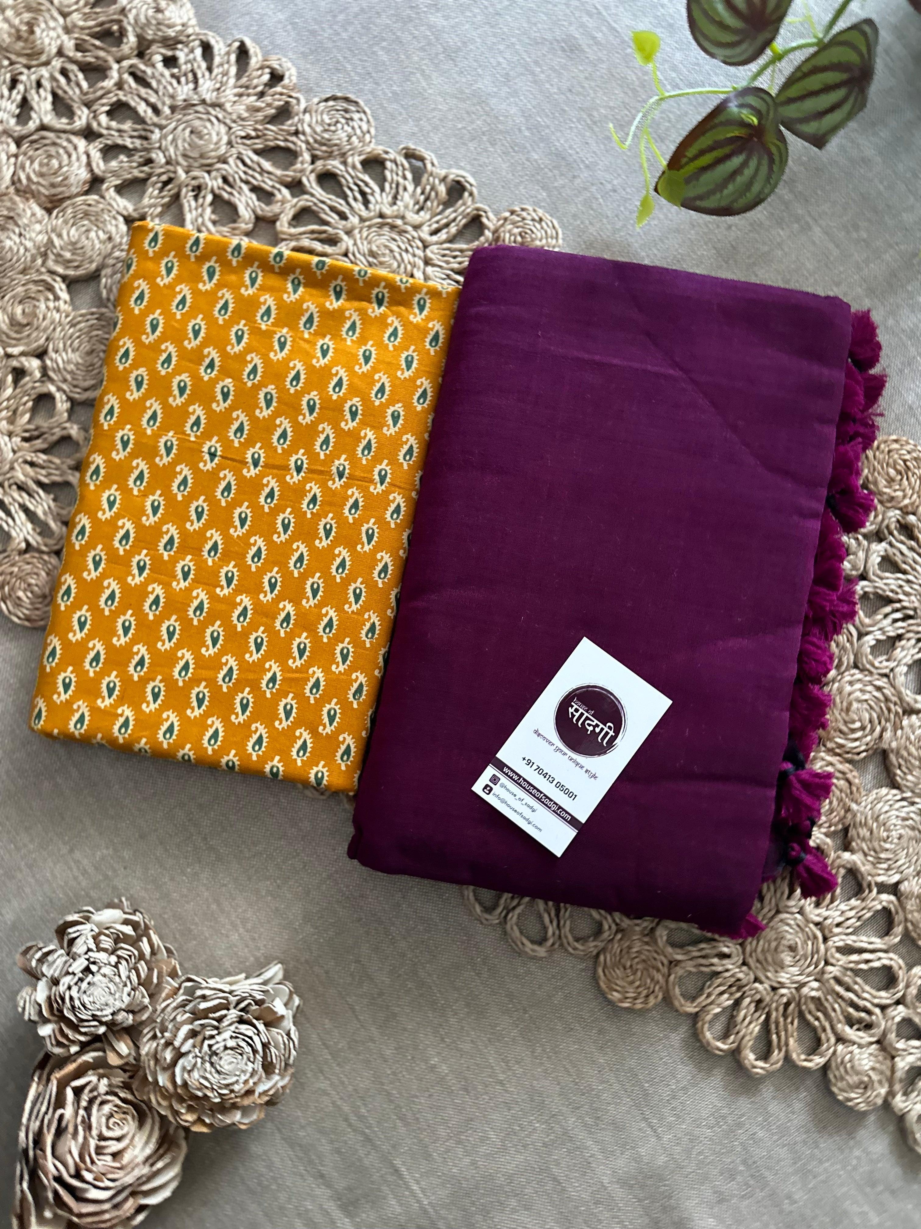 Dark Wine Handloom Khadi Cotton Saree With Yellow Printed Blouse - House Of Sadgi