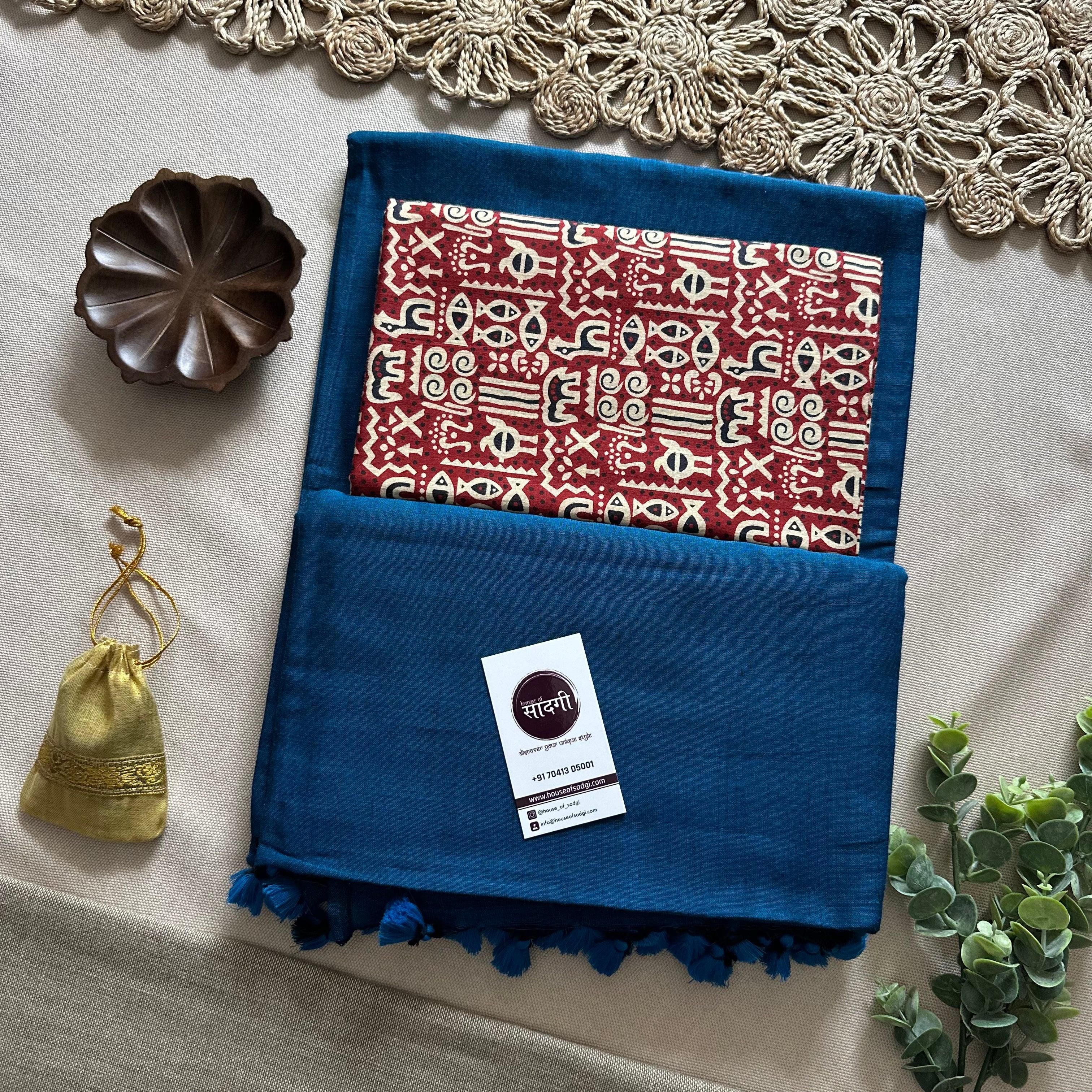 Firoji Handloom Khadi Cotton Saree With Maroon Printed Blouse - House Of Sadgi