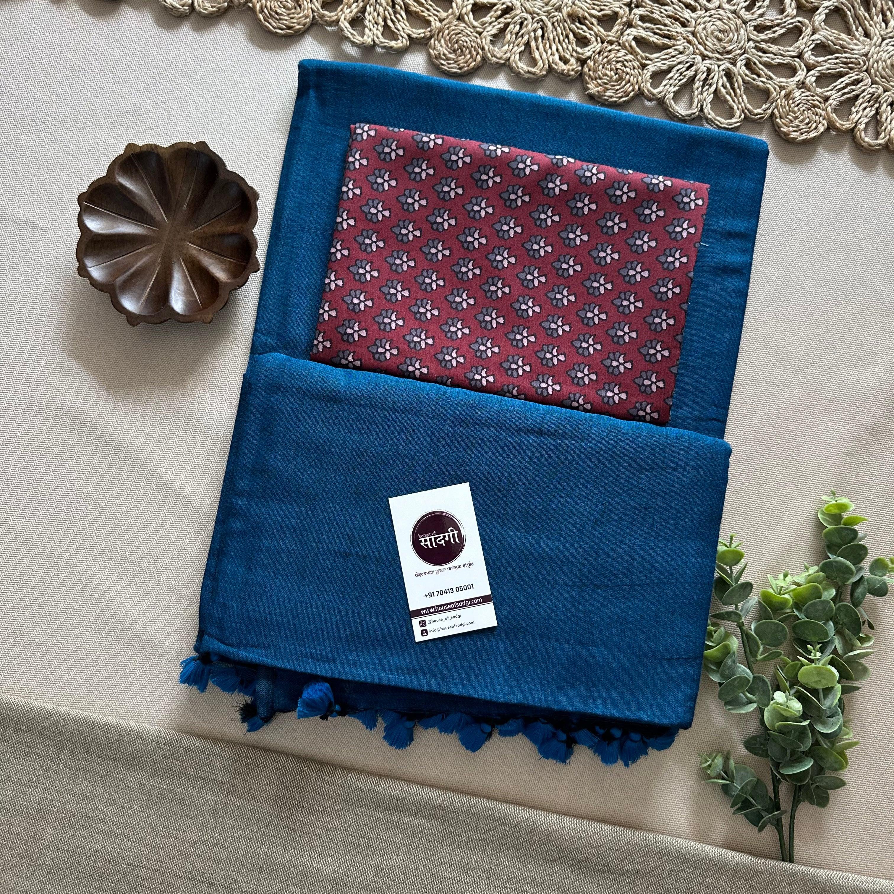 Firoji Handloom Khadi Cotton Saree With Marun Printed Blouse - House Of Sadgi